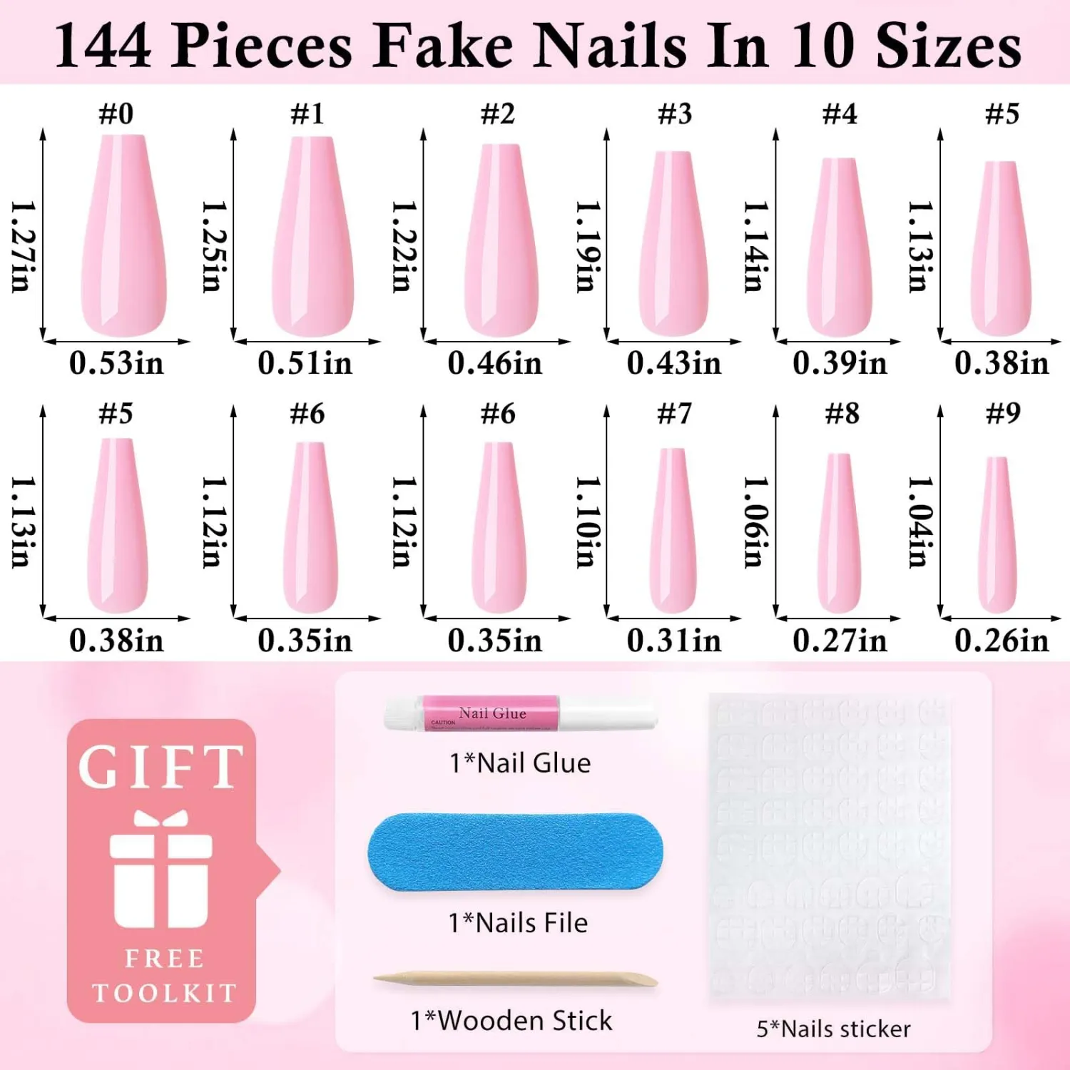 144pc Pink Press on Nails Long Fake Nail Coffin Glue on Nails, Medium Ballerina Coffin Nails Press ons Nails Pink Acrylic Nail Long False Nail Gel Glossy Artficial Fingernail with Glue & Tabs