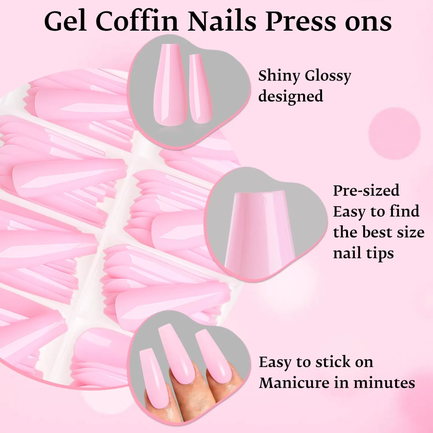 144pc Pink Press on Nails Long Fake Nail Coffin Glue on Nails, Medium Ballerina Coffin Nails Press ons Nails Pink Acrylic Nail Long False Nail Gel Glossy Artficial Fingernail with Glue & Tabs
