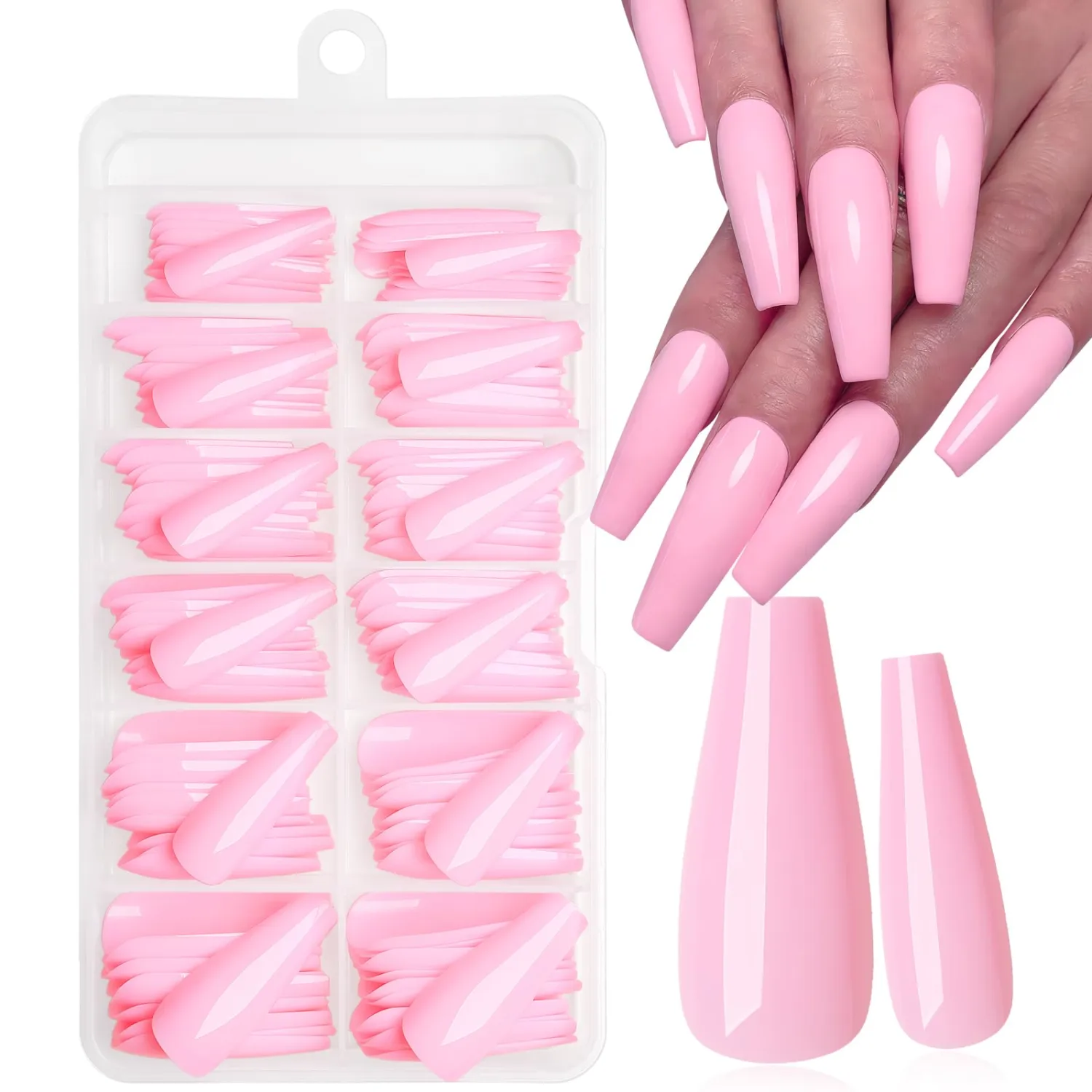 144pc Pink Press on Nails Long Fake Nail Coffin Glue on Nails, Medium Ballerina Coffin Nails Press ons Nails Pink Acrylic Nail Long False Nail Gel Glossy Artficial Fingernail with Glue & Tabs