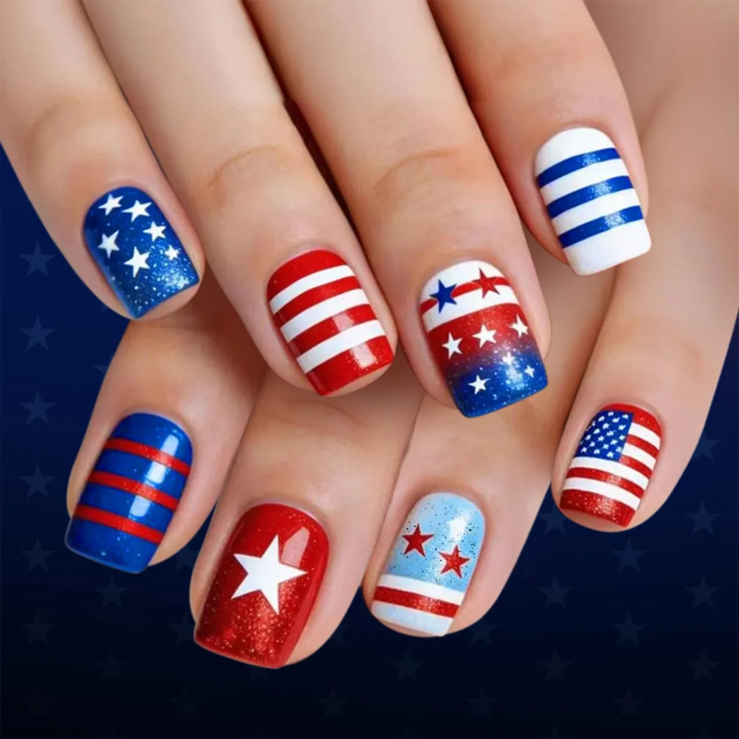 4th of July Press on Nails American Flag Acrylic Fake Nail 24Pcs Patriotic Gel Glue on Nail Fourth of July Short Square False Nails Glossy Blue Stars Stick on Fingernails for Independence Day Gift