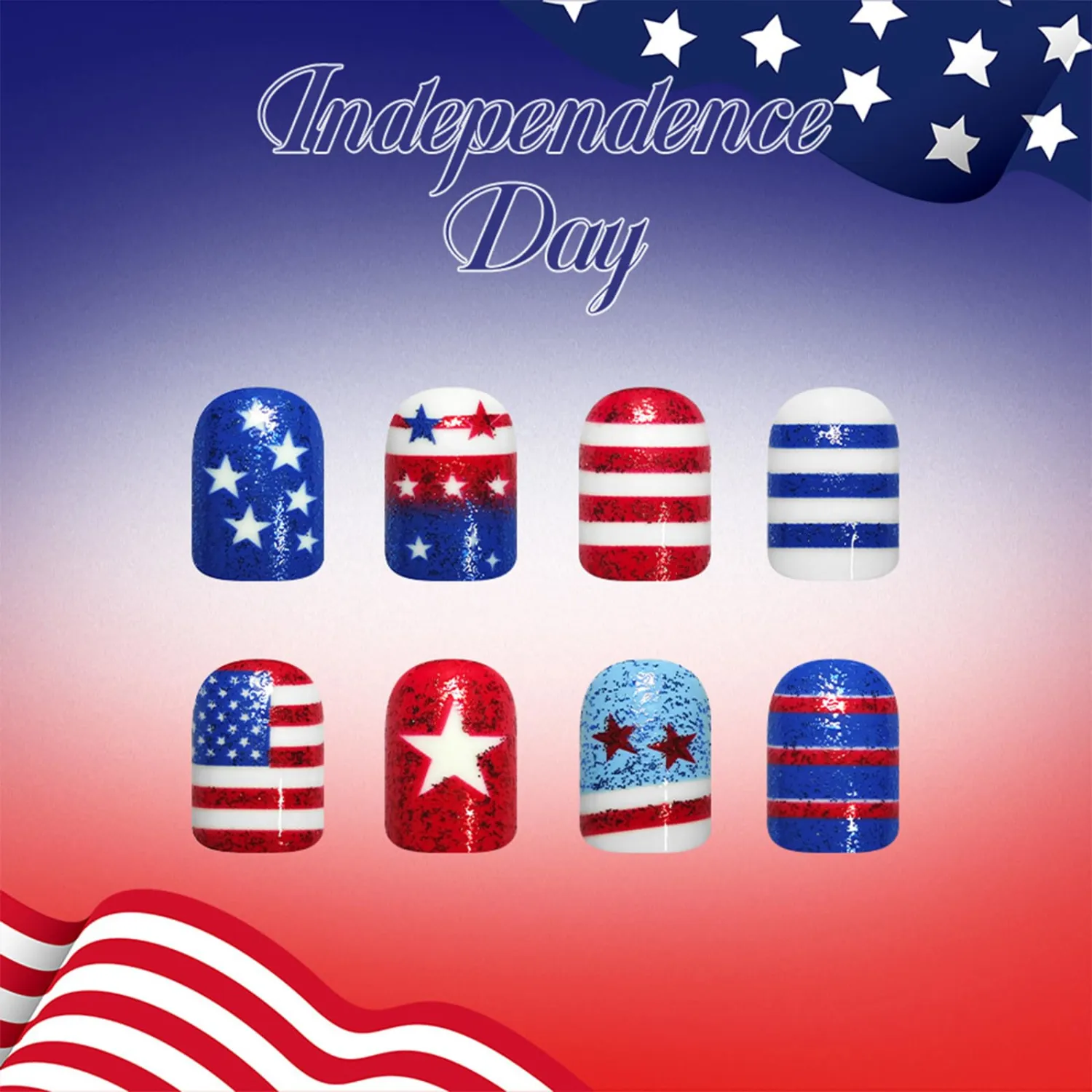 4th of July Press on Nails American Flag Acrylic Fake Nail 24Pcs Patriotic Gel Glue on Nail Fourth of July Short Square False Nails Glossy Blue Stars Stick on Fingernails for Independence Day Gift