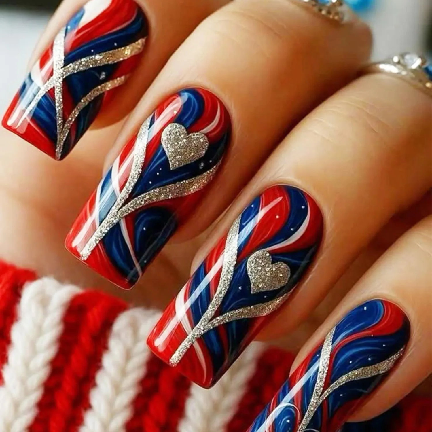 American Flag Acrylic Fake Nail 24Pcs 4th of July Press on Nails Patriotic Gel Glue on Nail Fourth of July Short Square False Nails Glossy Love Heart Stick on Fingernails for Independence Day Gift