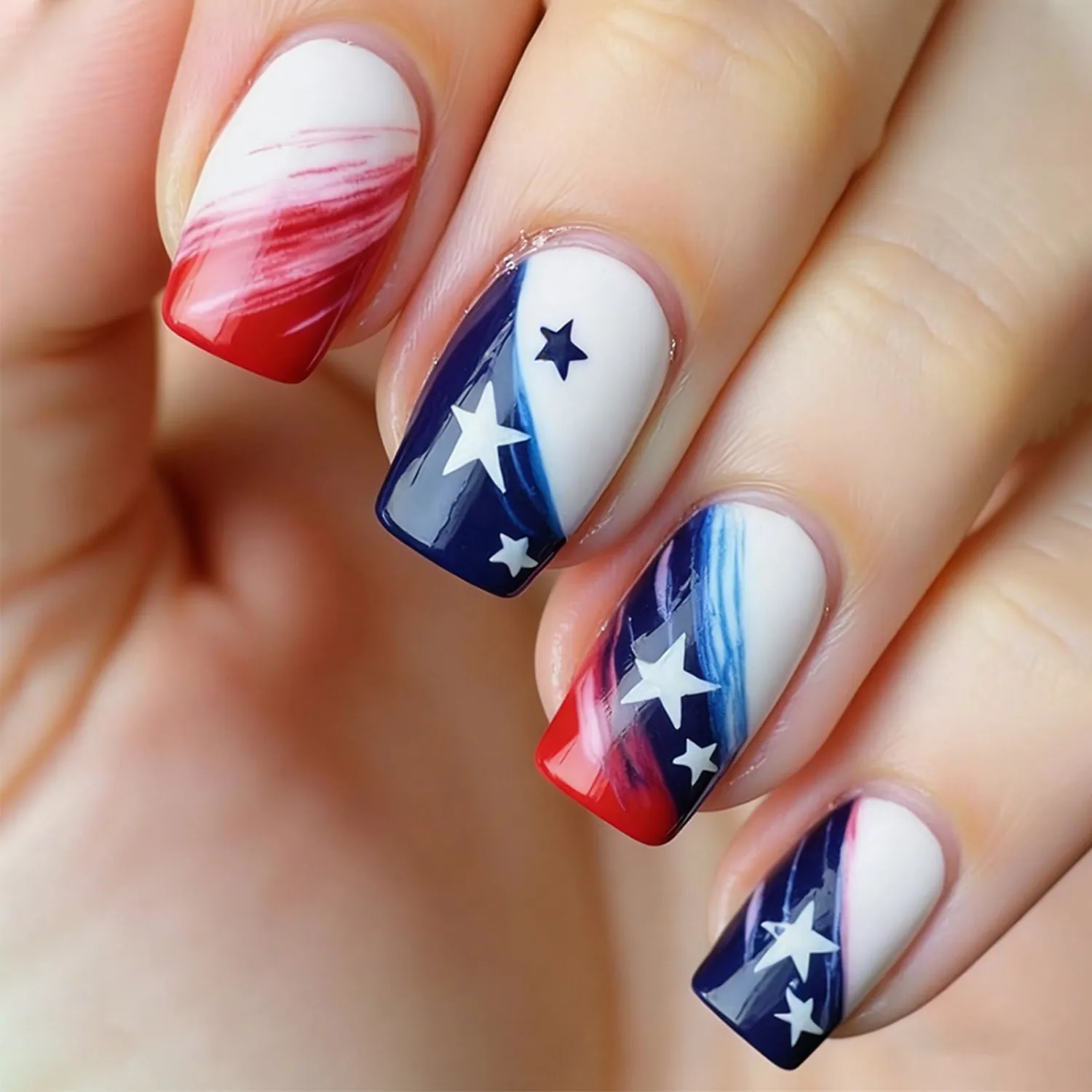 4th of July Press on Nails Fourth of July Medium Square False Nails 24Pcs American Flag Acrylic Fake Nail Glossy Red French Stick on Fingernails Patriotic Gel Glue on Nail for Independence Day Gift