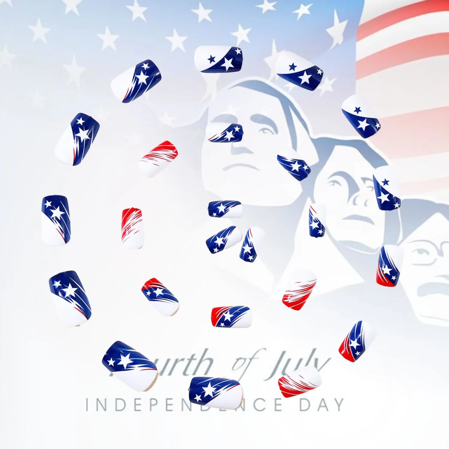 4th of July Press on Nails Fourth of July Medium Square False Nails 24Pcs American Flag Acrylic Fake Nail Glossy Red French Stick on Fingernails Patriotic Gel Glue on Nail for Independence Day Gift