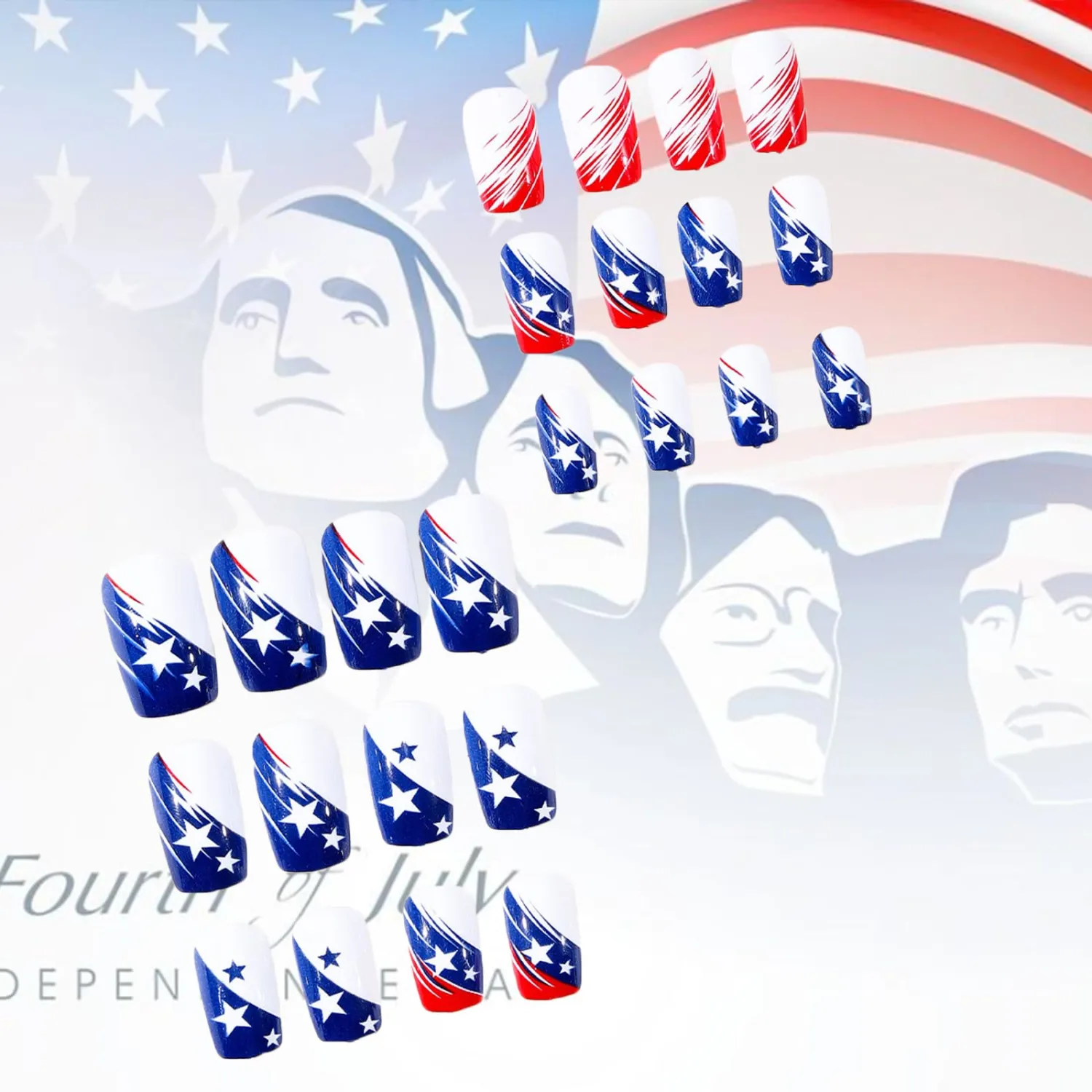 4th of July Press on Nails Fourth of July Medium Square False Nails 24Pcs American Flag Acrylic Fake Nail Glossy Red French Stick on Fingernails Patriotic Gel Glue on Nail for Independence Day Gift