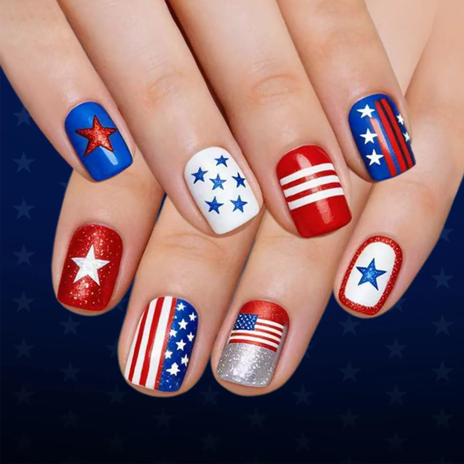 Fourth of July Short Square False Nails American Flag Acrylic Fake Nail 24Pcs 4th of July Press on Nails Glossy Blue Stars Stick on Fingernails Patriotic Gel Glue on Nail for Independence Day Gift