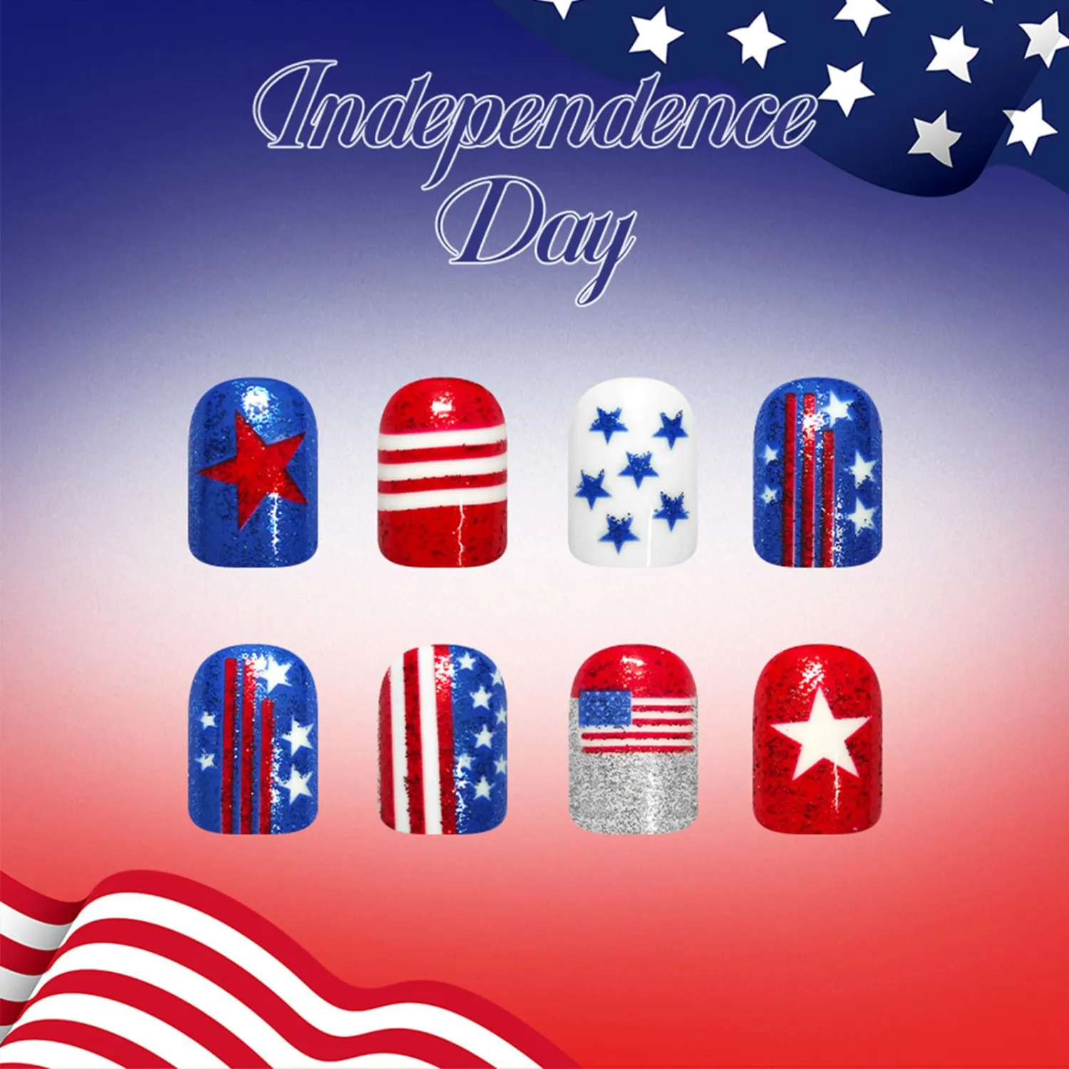 Fourth of July Short Square False Nails American Flag Acrylic Fake Nail 24Pcs 4th of July Press on Nails Glossy Blue Stars Stick on Fingernails Patriotic Gel Glue on Nail for Independence Day Gift