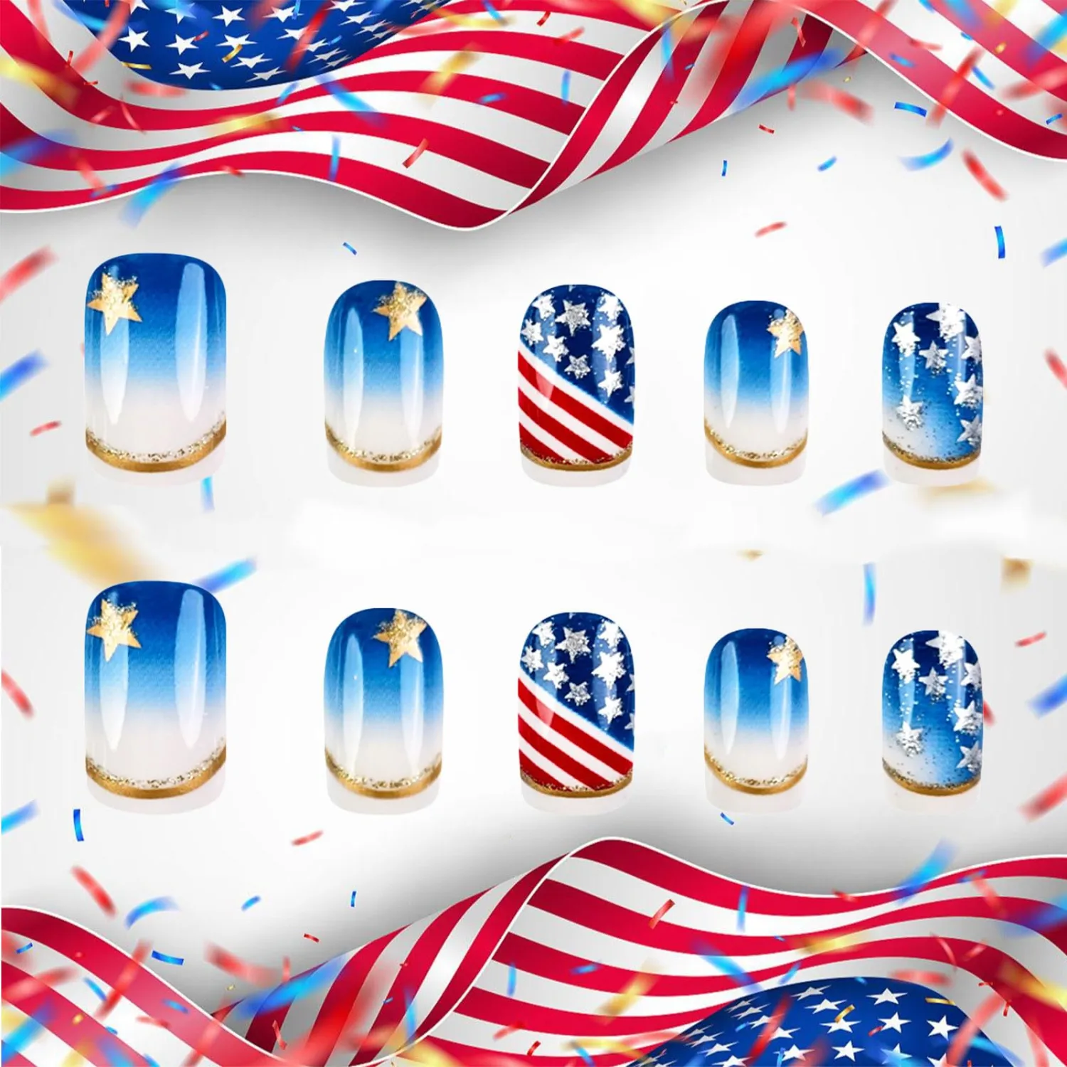 Fourth of July Short Square False Nails American Flag Acrylic Fake Nail 4th of July Press on Nails Glossy Gold Curve Stick on Fingernails 24Pcs Patriotic Gel Glue on Nail for Independence Day Gift