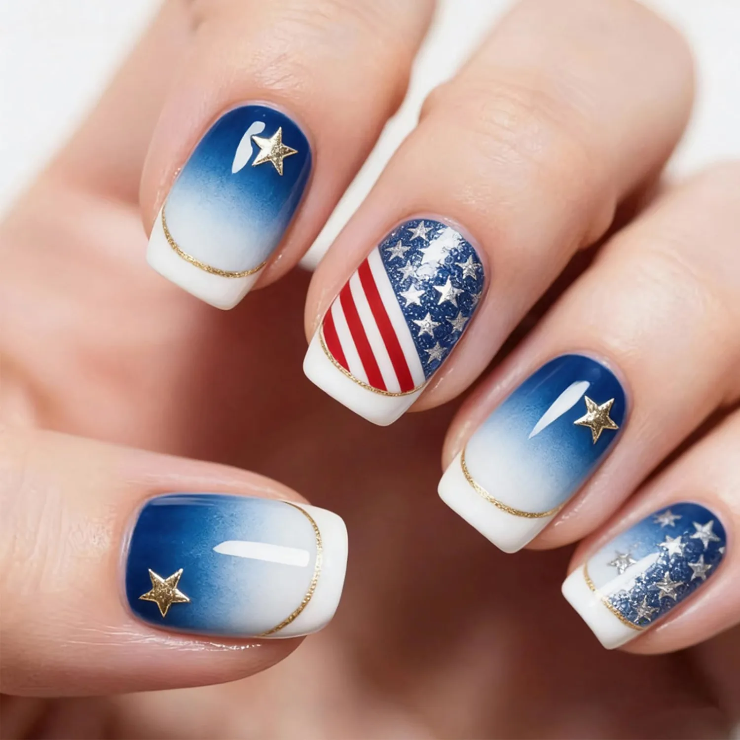 Fourth of July Short Square False Nails American Flag Acrylic Fake Nail 4th of July Press on Nails Glossy Gold Curve Stick on Fingernails 24Pcs Patriotic Gel Glue on Nail for Independence Day Gift