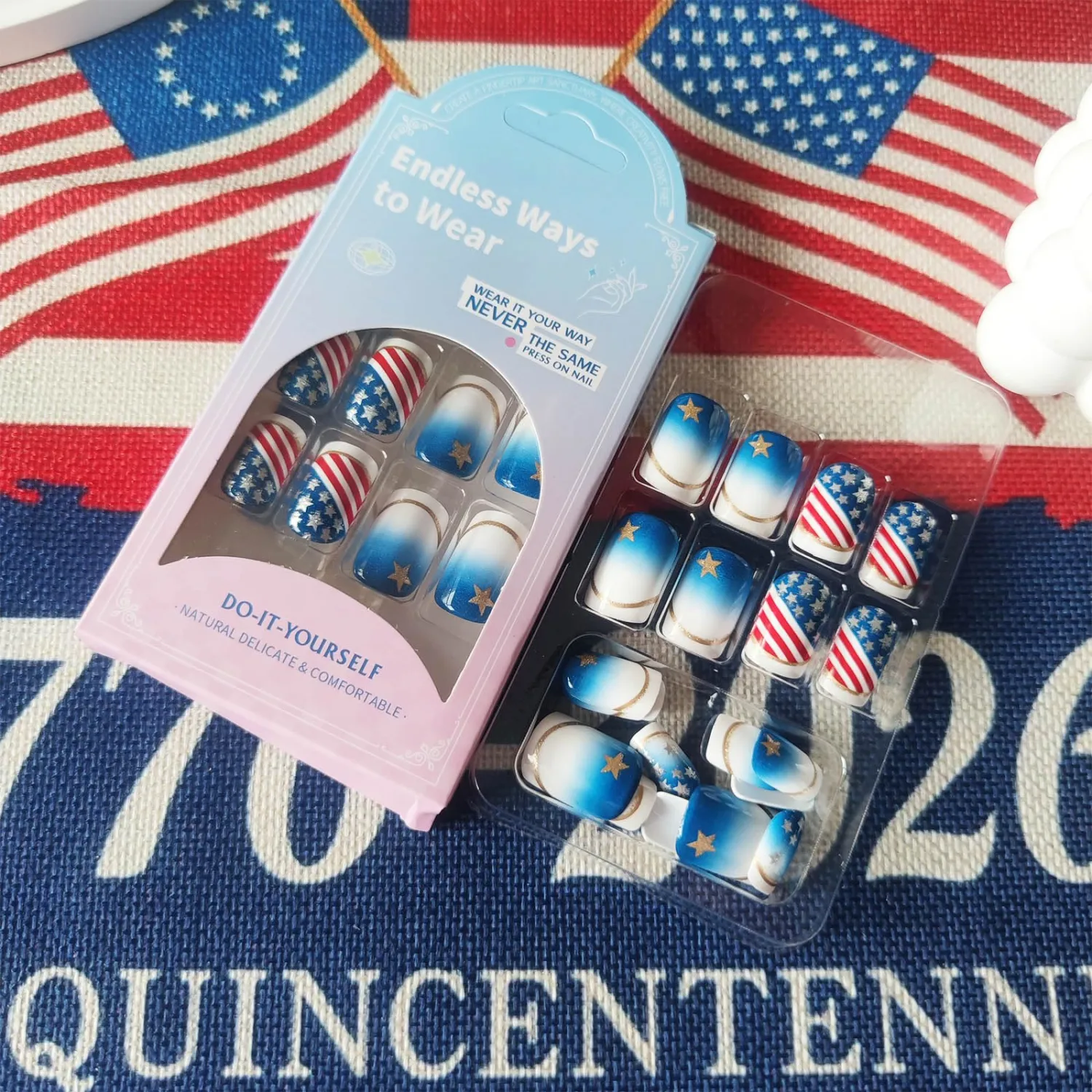 Fourth of July Short Square False Nails American Flag Acrylic Fake Nail 4th of July Press on Nails Glossy Gold Curve Stick on Fingernails 24Pcs Patriotic Gel Glue on Nail for Independence Day Gift