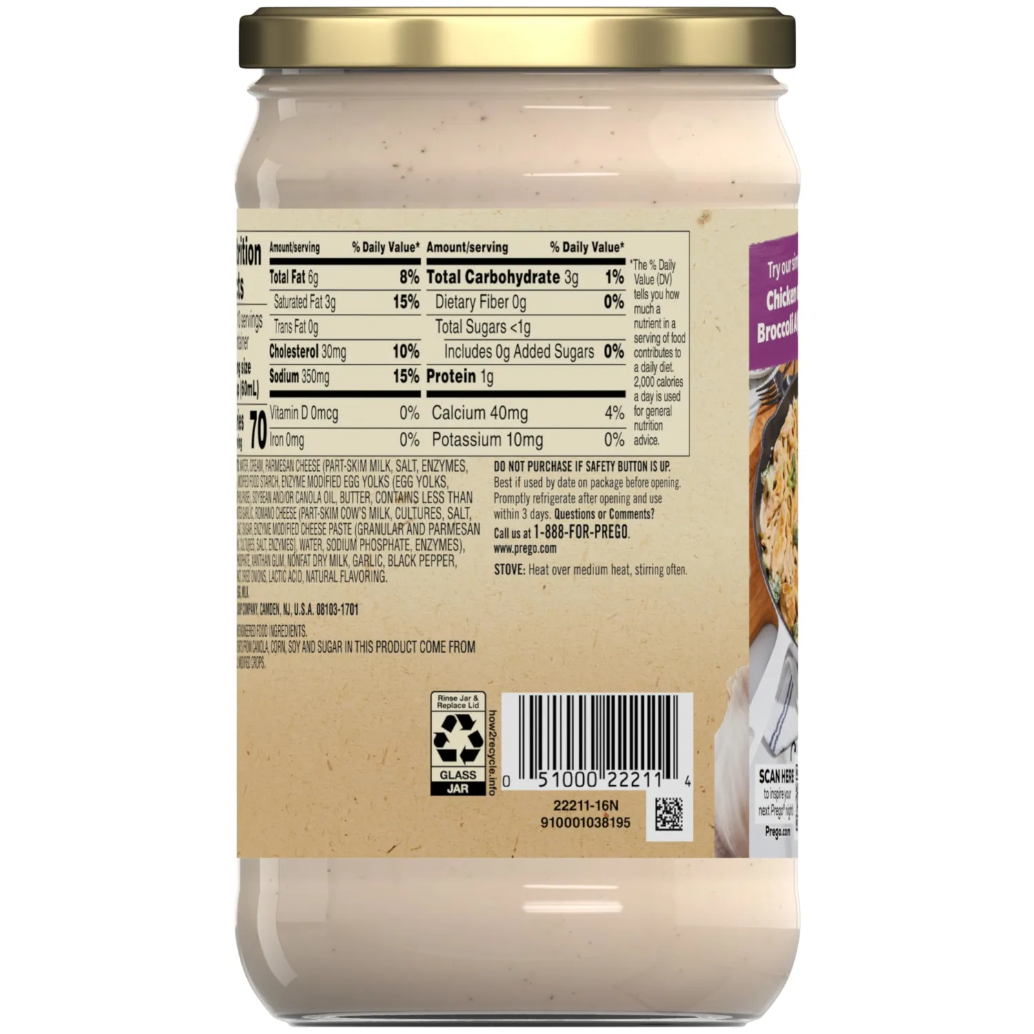 Prego Alfredo Sauce with Roasted Garlic and Parmesan Cheese, 22 Oz Jar