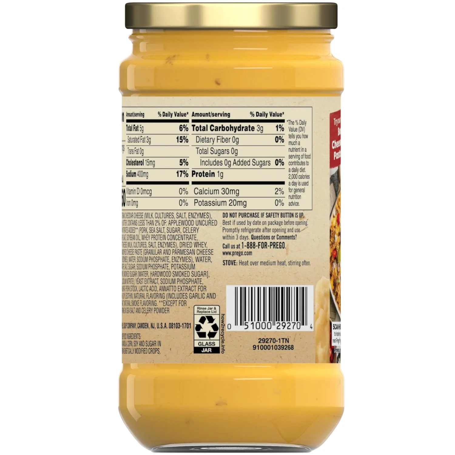 Prego Cheesy Bacon Cheddar Cheese Sauce, 14.5 oz Jar (Pack of 2)