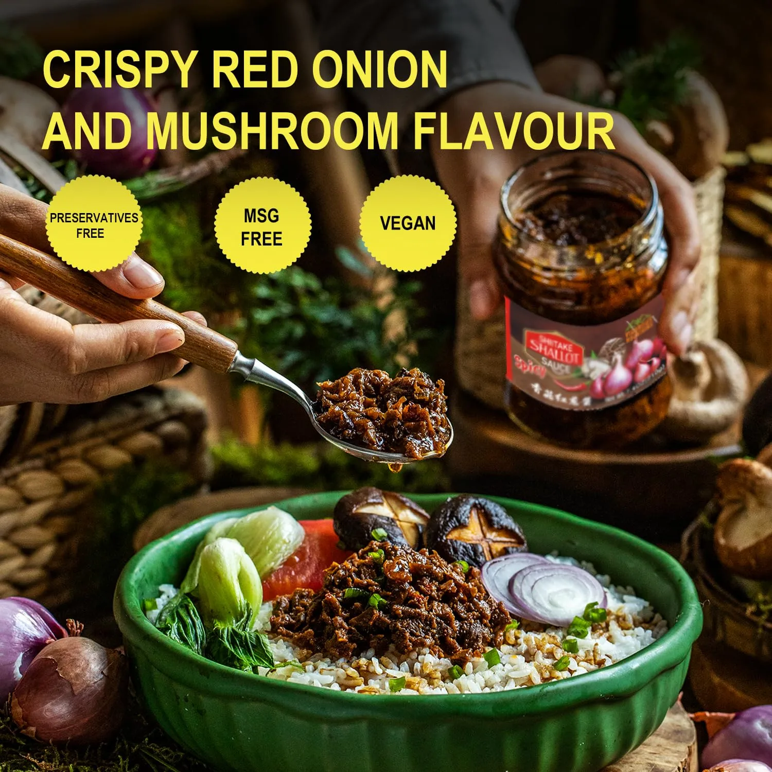 VIGOROUS MOUNTAINS Fried Shallots Sauce, 7.4Oz (210g), Strong Flavor With Fried Shallots, Chili Peppers, Shiitake & Spices, Ideal Dipping Sauce for Stir - fry, ramen & Rice