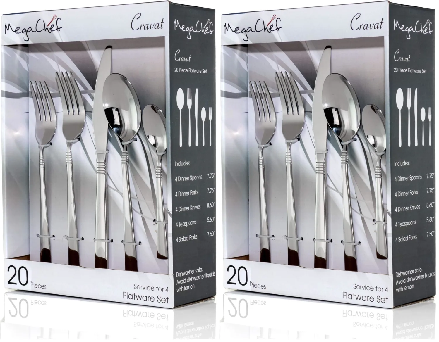 MegaChef Cravat 20 Piece Flatware Utensil Set, Stainless Steel Silverware Metal Service for 4 in Silver (Pack of 2)