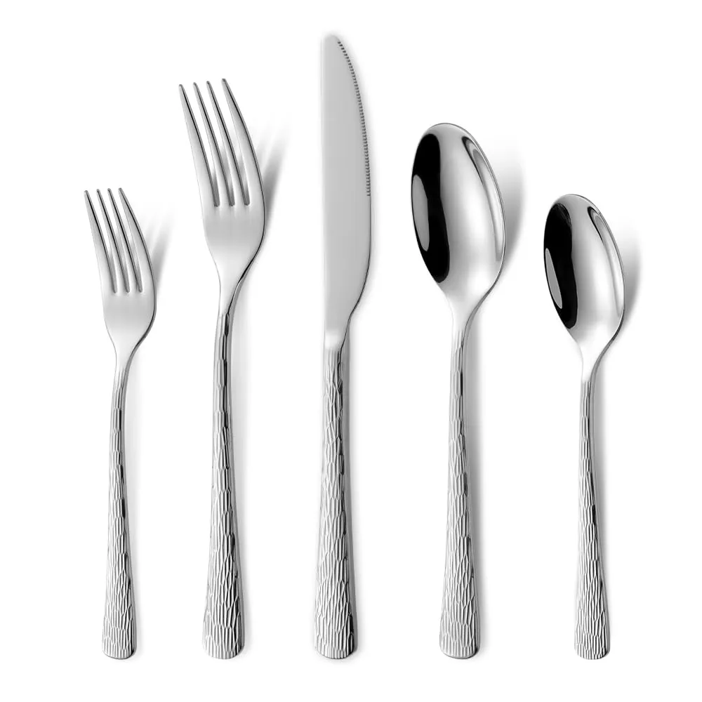 Hammered Silverware Set, Flatware Set, 18/10 Stainless Steel Premium Cutlery with Unique Ripple Handles Tree Pattern Design Mirror Polished - Dishwasher Safe (20-Piece)