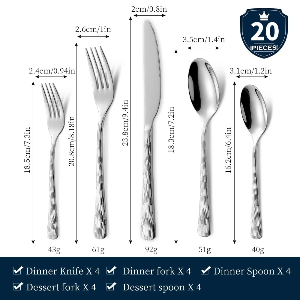 Hammered Silverware Set, Flatware Set, 18/10 Stainless Steel Premium Cutlery with Unique Ripple Handles Tree Pattern Design Mirror Polished - Dishwasher Safe (20-Piece)