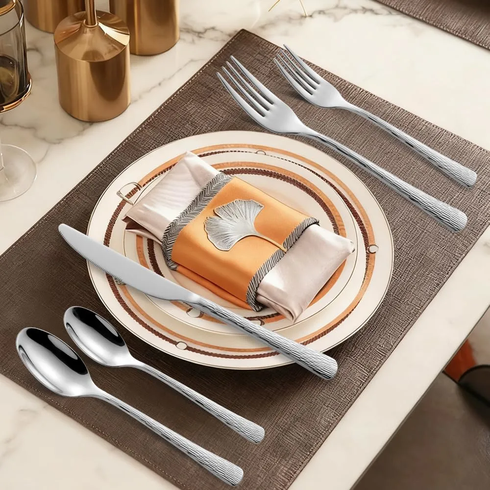 Hammered Silverware Set, Flatware Set, 18/10 Stainless Steel Premium Cutlery with Unique Ripple Handles Tree Pattern Design Mirror Polished - Dishwasher Safe (20-Piece)