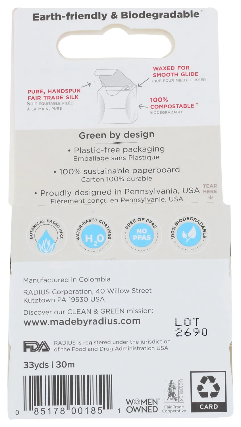 RADIUS - Natural Biodegradable Silk Floss, Soft and Smooth for Total Tooth and Gum Protection (33 Yrd)