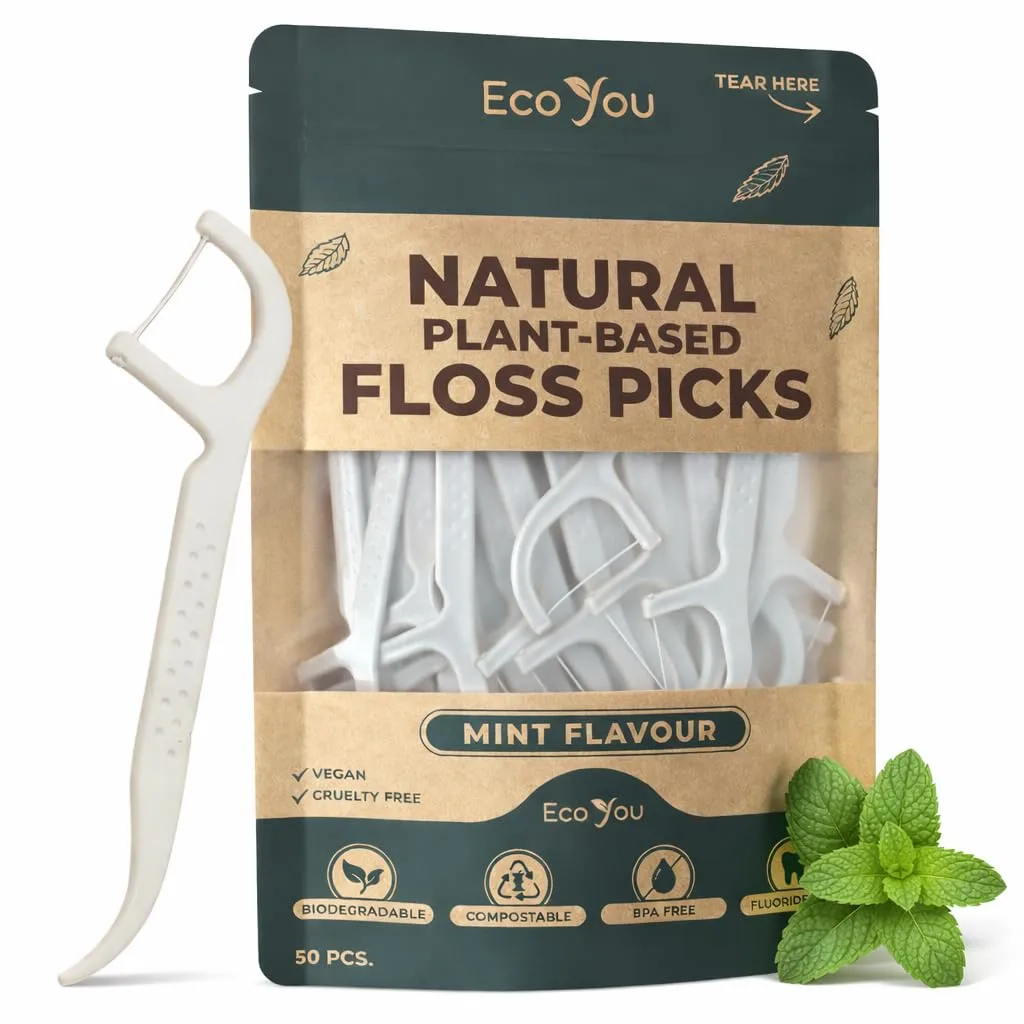 Biodegradable Floss Picks | 50 Count (1 Pack) | Mint Flavor, Candelilla Wax | PFAs Free | Sustainable & Reusable | Vegan & Cruelty-Free | Eco Floss Picks