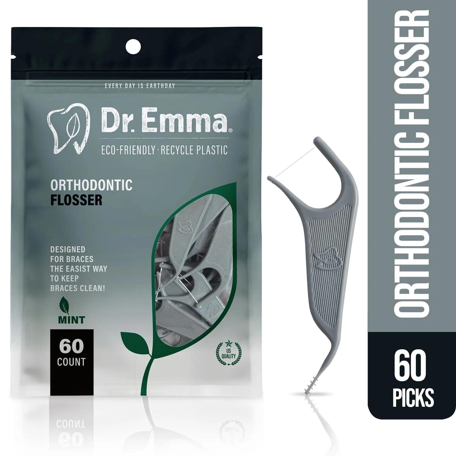 Dr. Emma Orthodontic Flossers for Braces, Ortho Dental Floss Picks, Mint Flavor 60 Count/Bag, Gray, 1 Pack