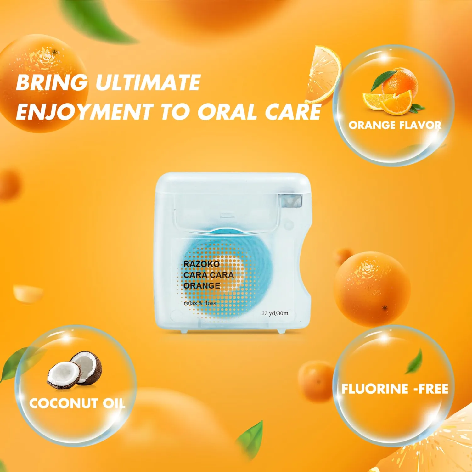 RAZOKO Coconut Oil Infused Woven Dental Floss, Vegan and Cruelty-Free, Orange, 2 Month Supply (33 Yds x 1 Units)
