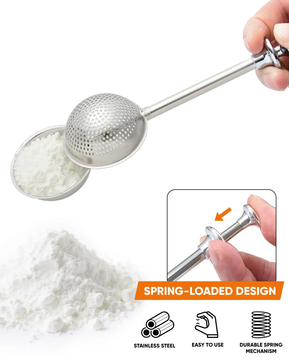 2 Pack Flour Duster for Baking, Stainless Steel flour sifter with One-Handed Spring Handle, Fine Mesh Baking Dusting Wand for Powdered Sugar, Cocoa, Spices, Even Sprinkle