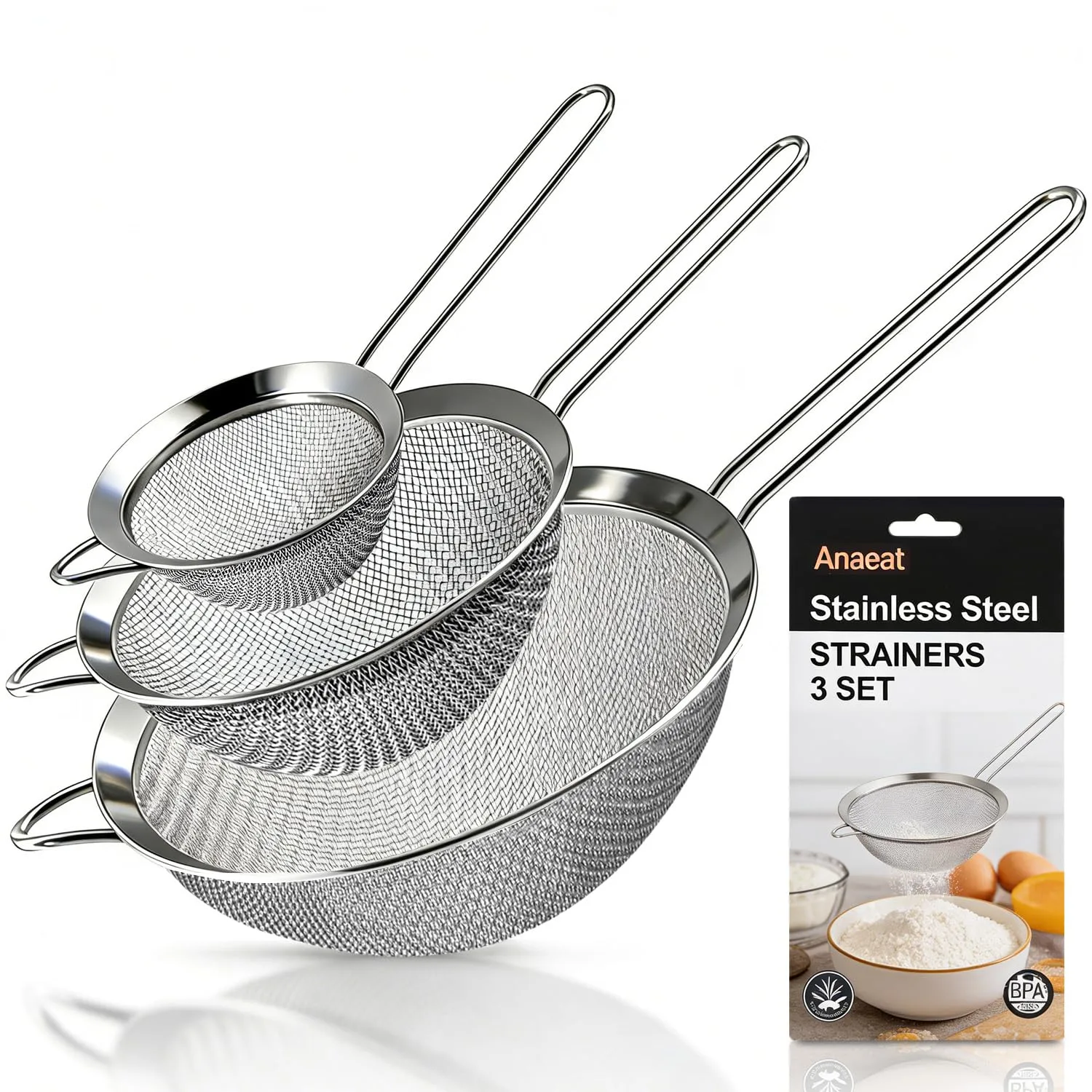 Anaeat Fine Mesh Strainers - Premium Stainless Steel Colander Sieve Sifters, with Durable Mesh and Sturdy Handle, Excellent for Sifting Dry ingredients, Flour, Pastas, Rice, Tea (2.8"+4.73"+7.09")