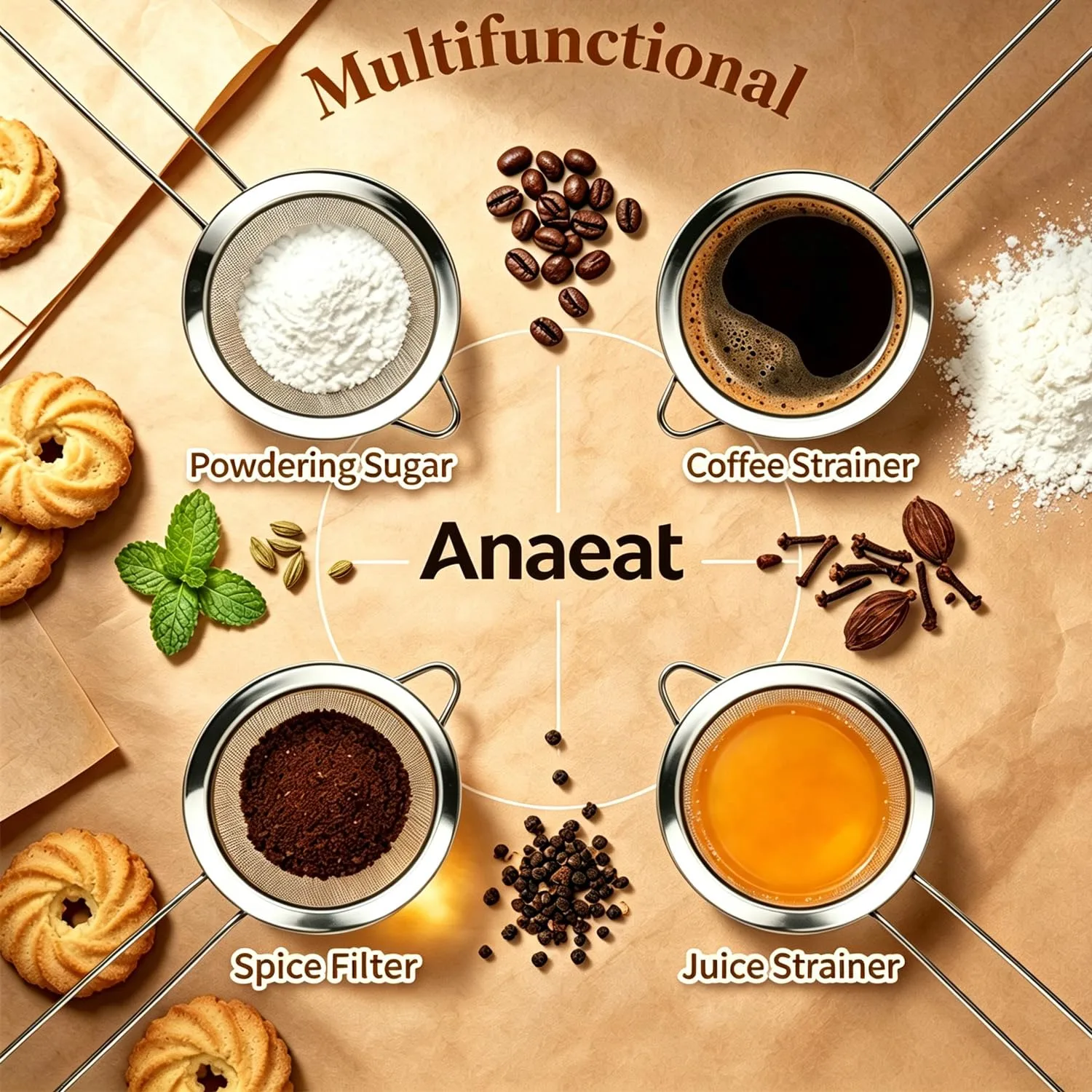 Anaeat Fine Mesh Strainers - Premium Stainless Steel Colander Sieve Sifters, with Durable Mesh and Sturdy Handle, Excellent for Sifting Dry ingredients, Flour, Pastas, Rice, Tea (4.73"）