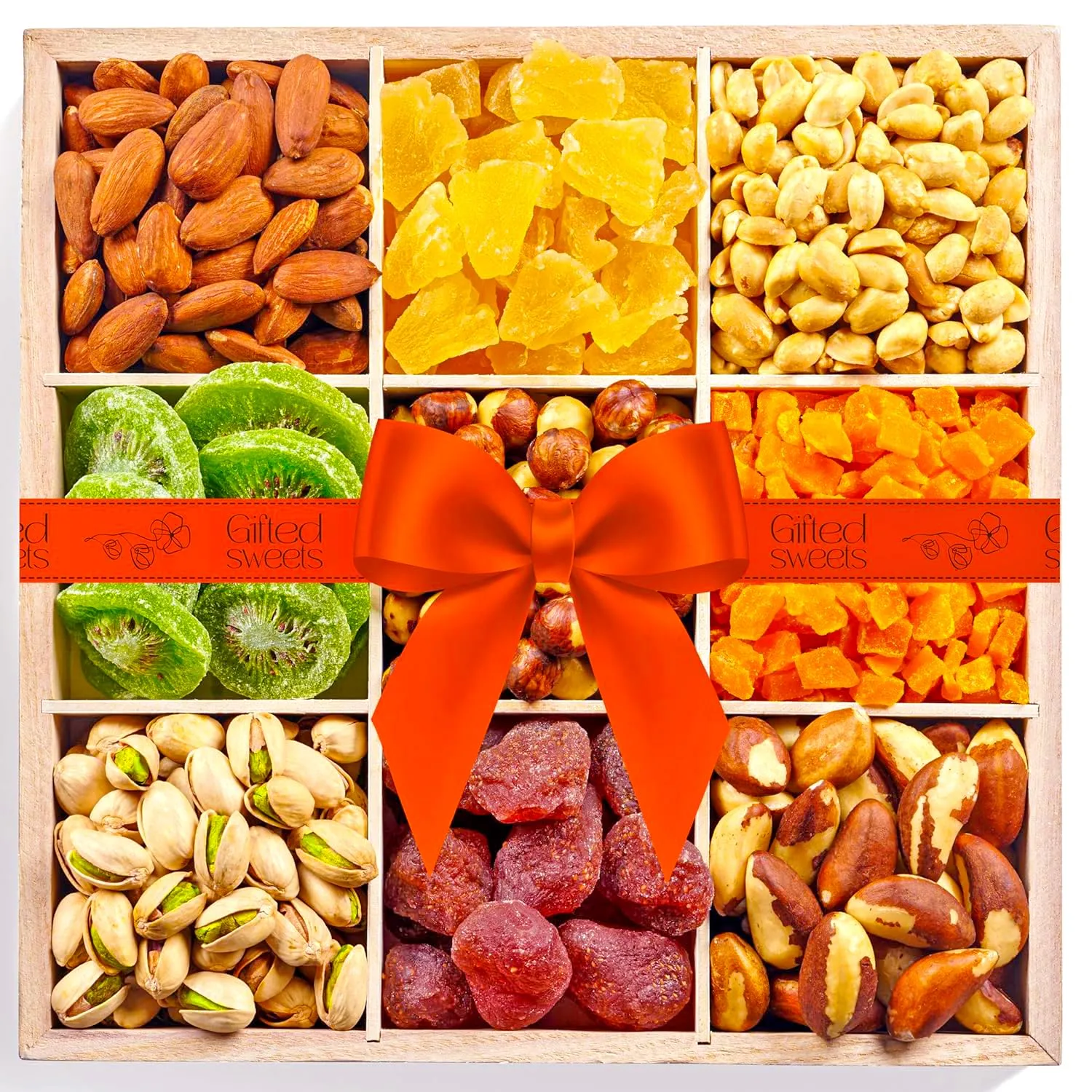 Fathers Day Nuts and Dried Fruit Platter - 9 Variety Mix - Classy Gift Basket - Gourmet Food for Birthday, Sympathy, Get Well, Anniversary, Corporate, Care Package - in a Reusable Wooden Tray