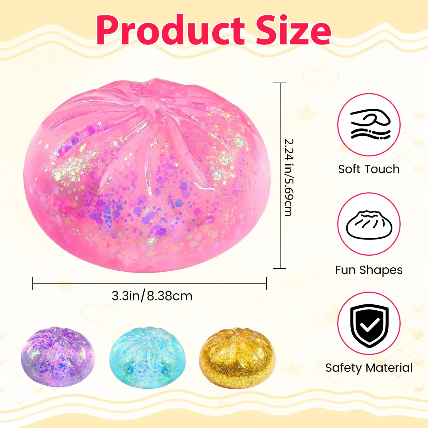 Sugar Glitter Dumpling Squishies, 2026 New Mystery Bun Dumpling Squishy with Steamer Box, Squeeze Ball Fidget Sensory for Stress Relief (Purple)