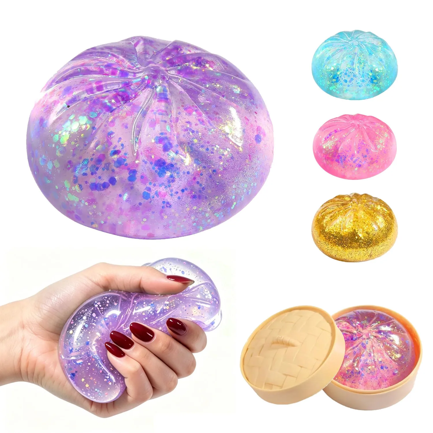 Sugar Glitter Dumpling Squishies, 2026 New Mystery Bun Dumpling Squishy with Steamer Box, Squeeze Ball Fidget Sensory for Stress Relief (Purple)