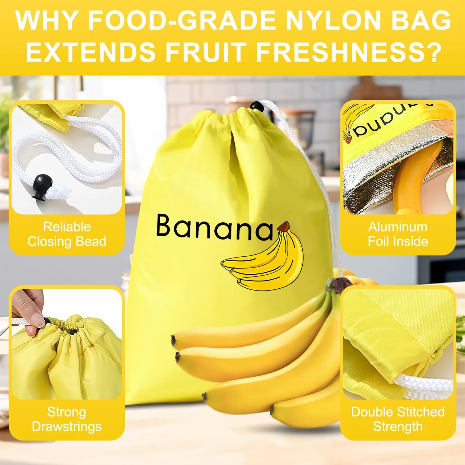 Banana Storage Bag with Aluminum Foil Lining, Reusable Banana Keeper Bag 13.8 x 11 in with Bead-Lock Closure, Banana Saver Produce Storage Bag Helps Keep Bananas Fresh Longer for Travel