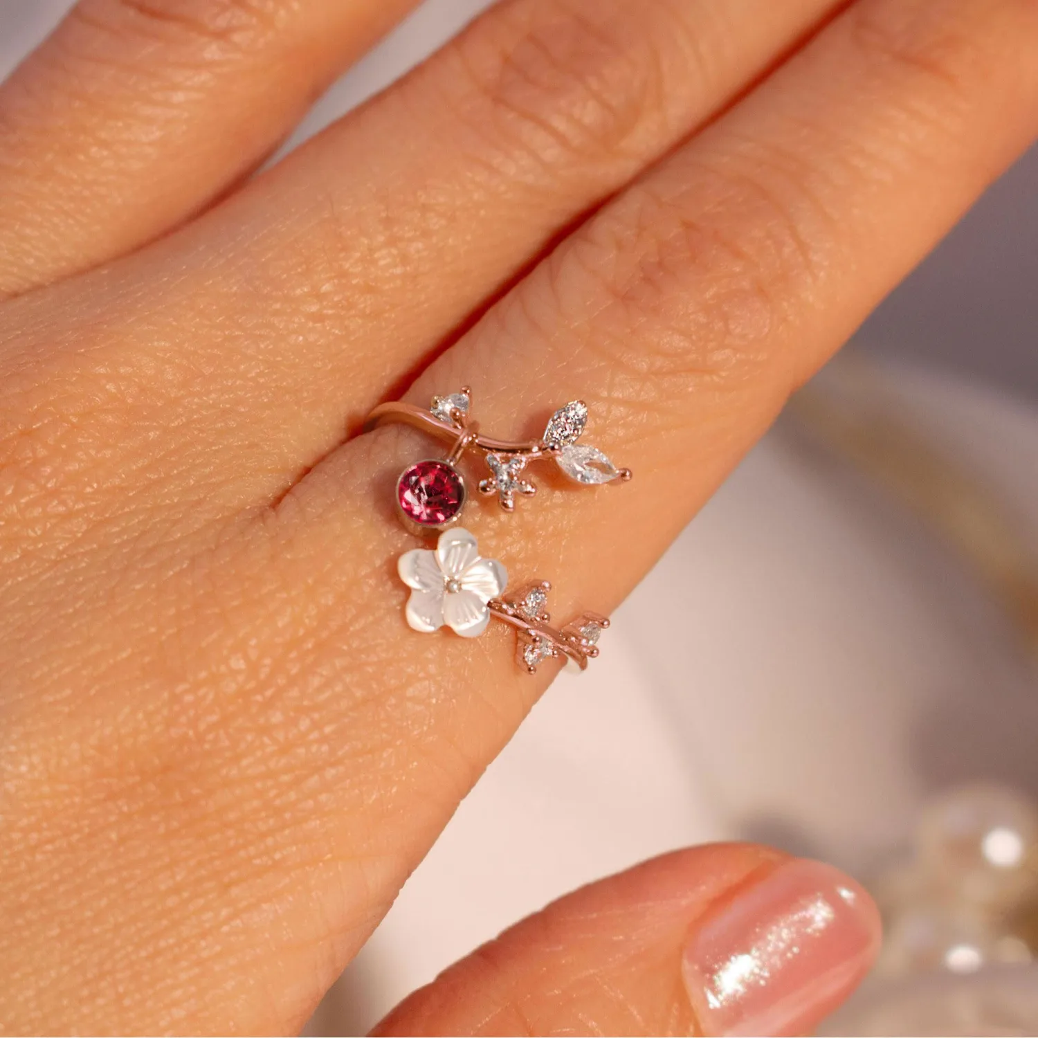 Birthstone Flower Rings For Women Non Tarnish Gemstone Cubic Zirconia Mother of Pearl Adjustable Size 7-11 Silver Rose 14K Gold Plated Birth Jewelry Gift For Birthday