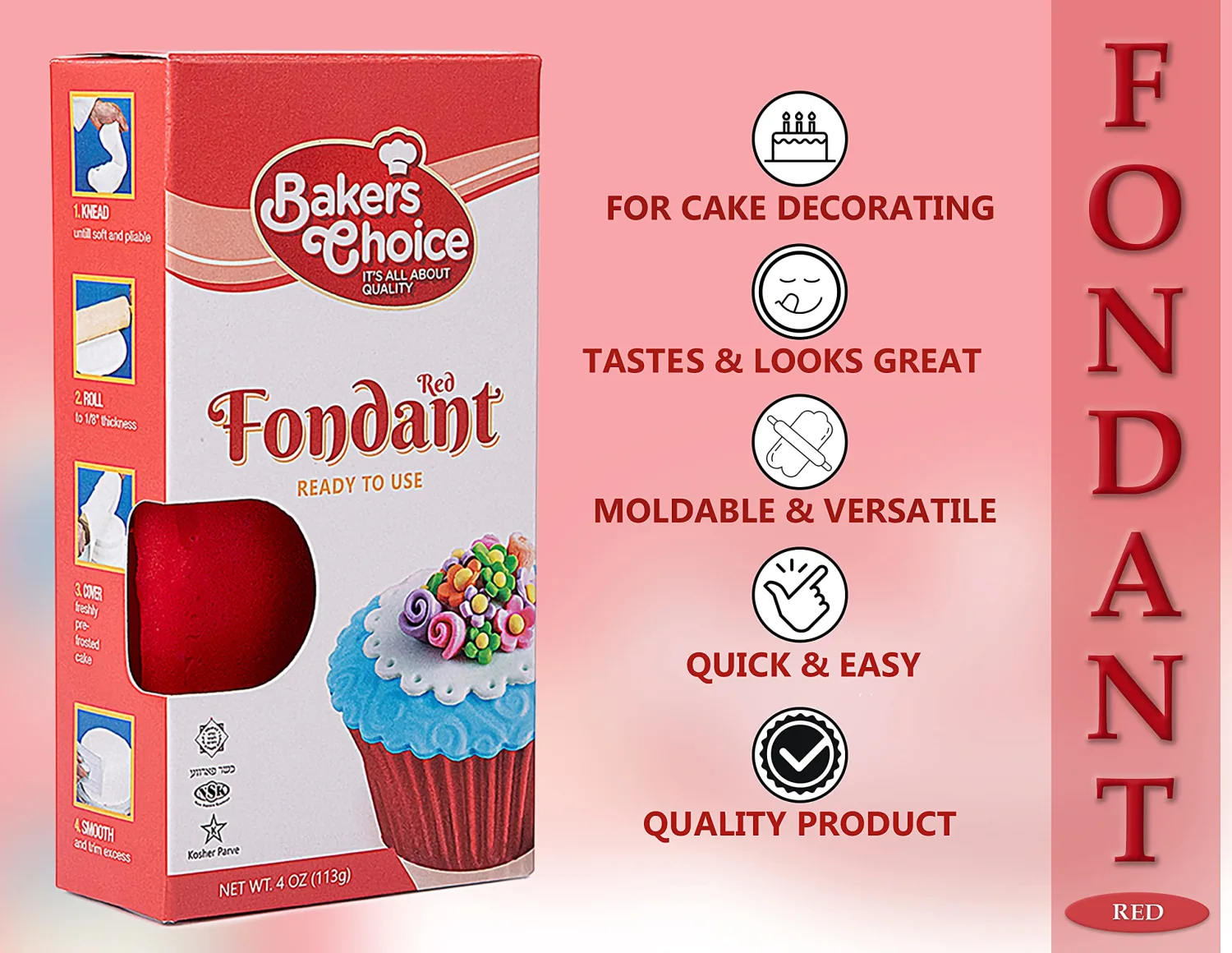 Baker's Choice Red Fondant Icing-4 oz.-Ready to Use Cake Decorating Frosting-Easy To Roll,Moldable,Kosher,Dairy Free,and Nut Free Red Fondant For Cakes Cupcakes and Cookies-By Baker’s Choice