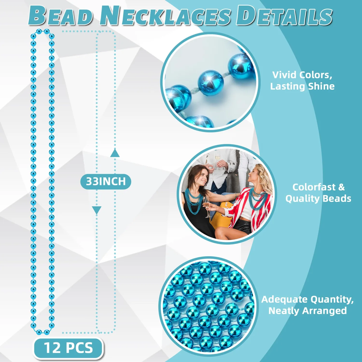 YAXINRUI 12 PCS Teal Bead Necklaces, Teal Mardi Gras Beads, 33 Inch Beaded Necklaces School Spirit Day Necklace for Mardi Gras Party Christmas Festive Events, Party Favors
