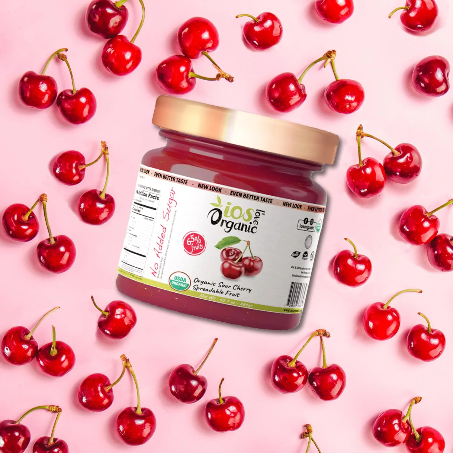IOS Love Organic Spreadable Fruit - USDA Organic Certified 65% Fruits - Non-GMO, Vegan, Gluten Free, Kosher, NO Added Sugar, Net. Wt. 10.1Oz (Sour Cherry, 10.1 Oz (Pack of 1))