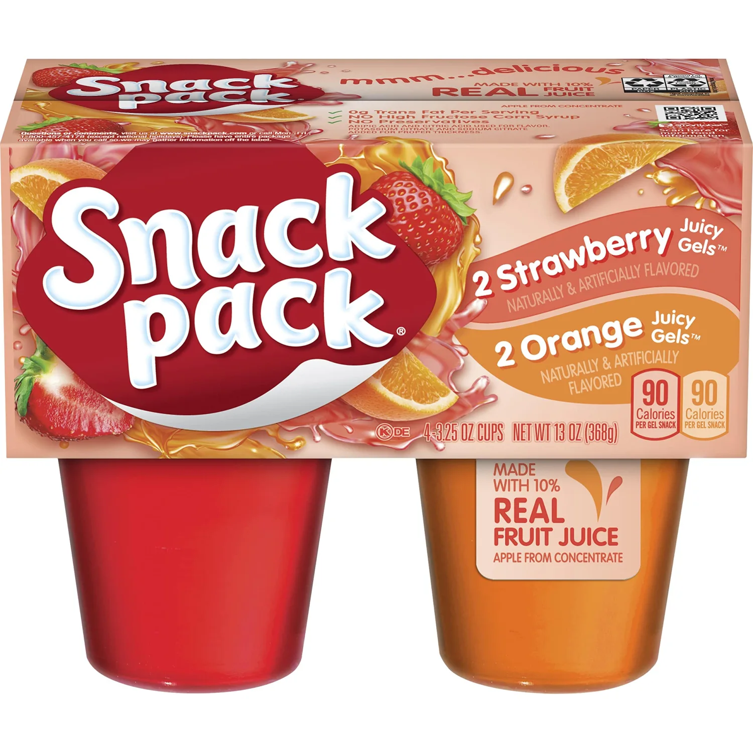 Snack Pack Strawberry and Orange Flavored Juicy Gels Cups, 3.25 oz., 4-Count