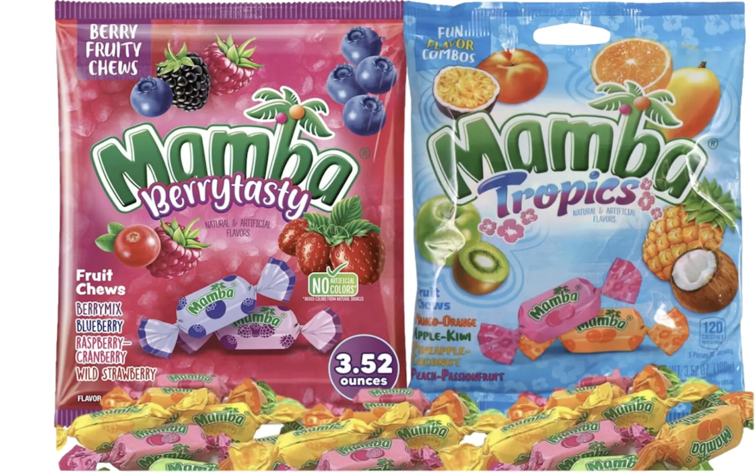 Berrytasty and Tropics Assorted Fun flavored Mamba Fruit Chews | Individually Wrapped Chewy Candies | Mango - Orange, Apple - Kiwi, Pineapple, Berry, Coconut, Peach - Passion Fruit | Soko Smiles Pocket Bag.