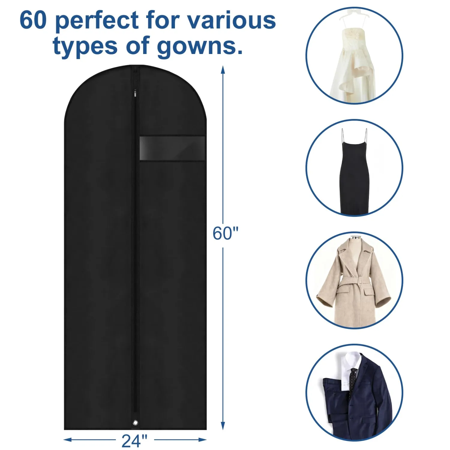 Dress Bags for Gowns,60" Long Dress Garment Bag, Garment Bags for Hanging Clothes,Dress Cover with Clear Window for Women's Coats, Formal Gowns, and Evening Dresses (Black)