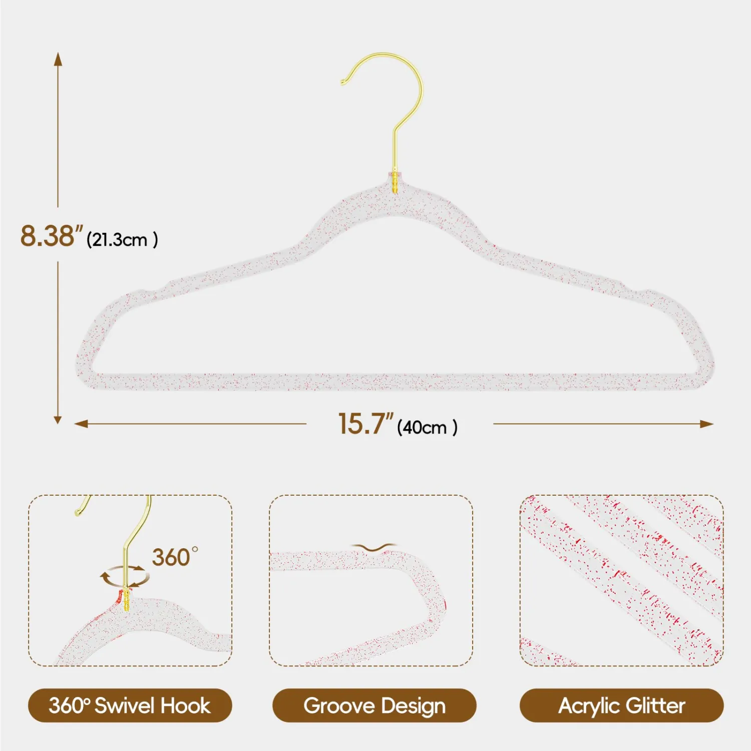 50 Pack Clear Plastic Hangers with Pink Glitter, Acrylic, Ultra Slim, Space Saving, for Coats, Pants, Suits, Shirts, Skirts, Dress Clothes