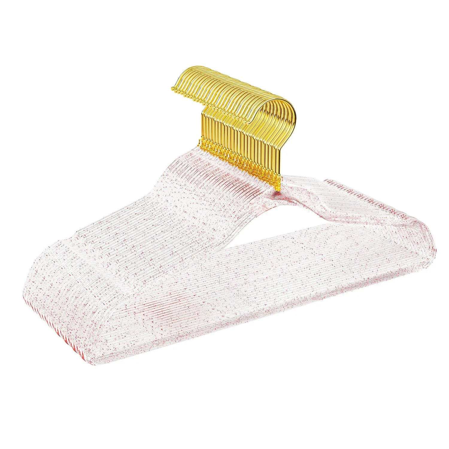 50 Pack Clear Plastic Hangers with Pink Glitter, Acrylic, Ultra Slim, Space Saving, for Coats, Pants, Suits, Shirts, Skirts, Dress Clothes