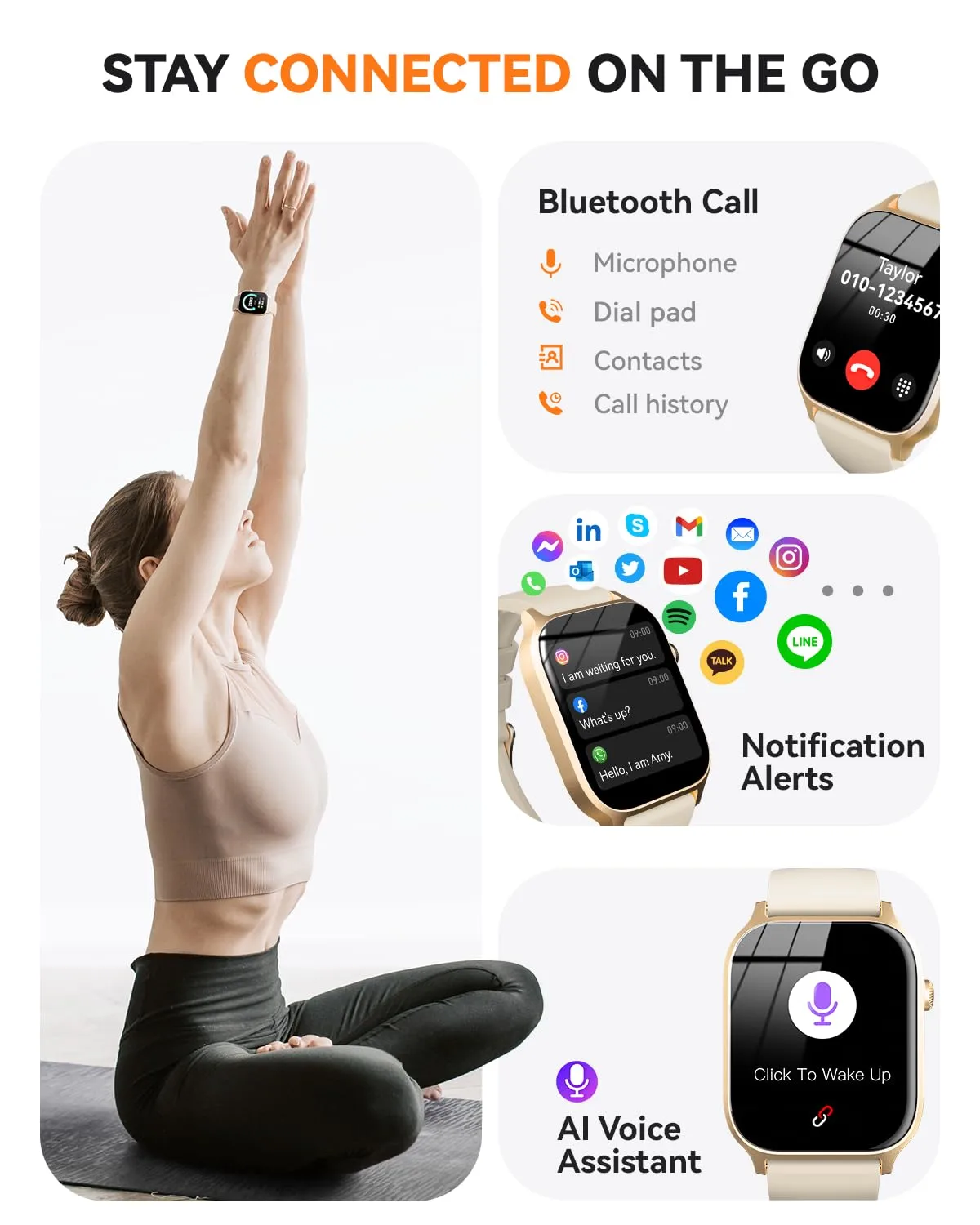 Smart Watches for Women Men, Fitness Tracker Watch with 110 Sports Modes, Step Counter/Sleep Monitor/Pedometer, IP68 Waterproof, Bluetooth Call & Music Control Smartwatch for iPhone/Android,Gold
