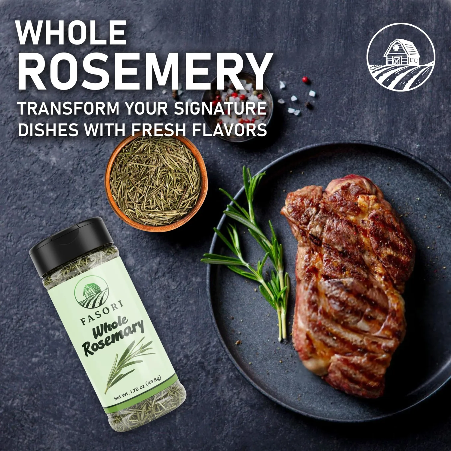 Fasori Rosemary Whole Leaves – Premium Dried Whole Rosemary Herb, Aromatic Mediterranean Spice for Cooking, Roasts, Chicken & Potatoes (1.75oz)