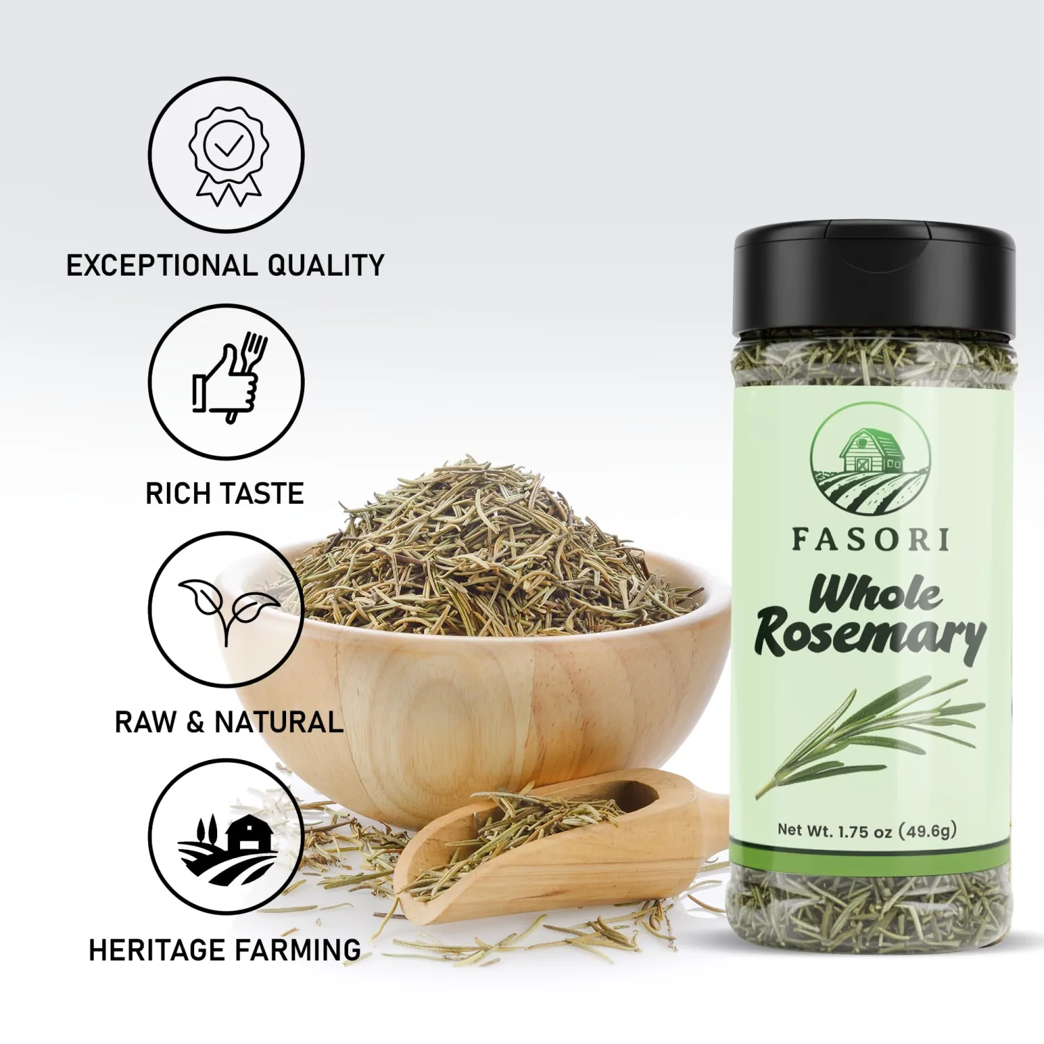 Fasori Rosemary Whole Leaves – Premium Dried Whole Rosemary Herb, Aromatic Mediterranean Spice for Cooking, Roasts, Chicken & Potatoes (1.75oz)