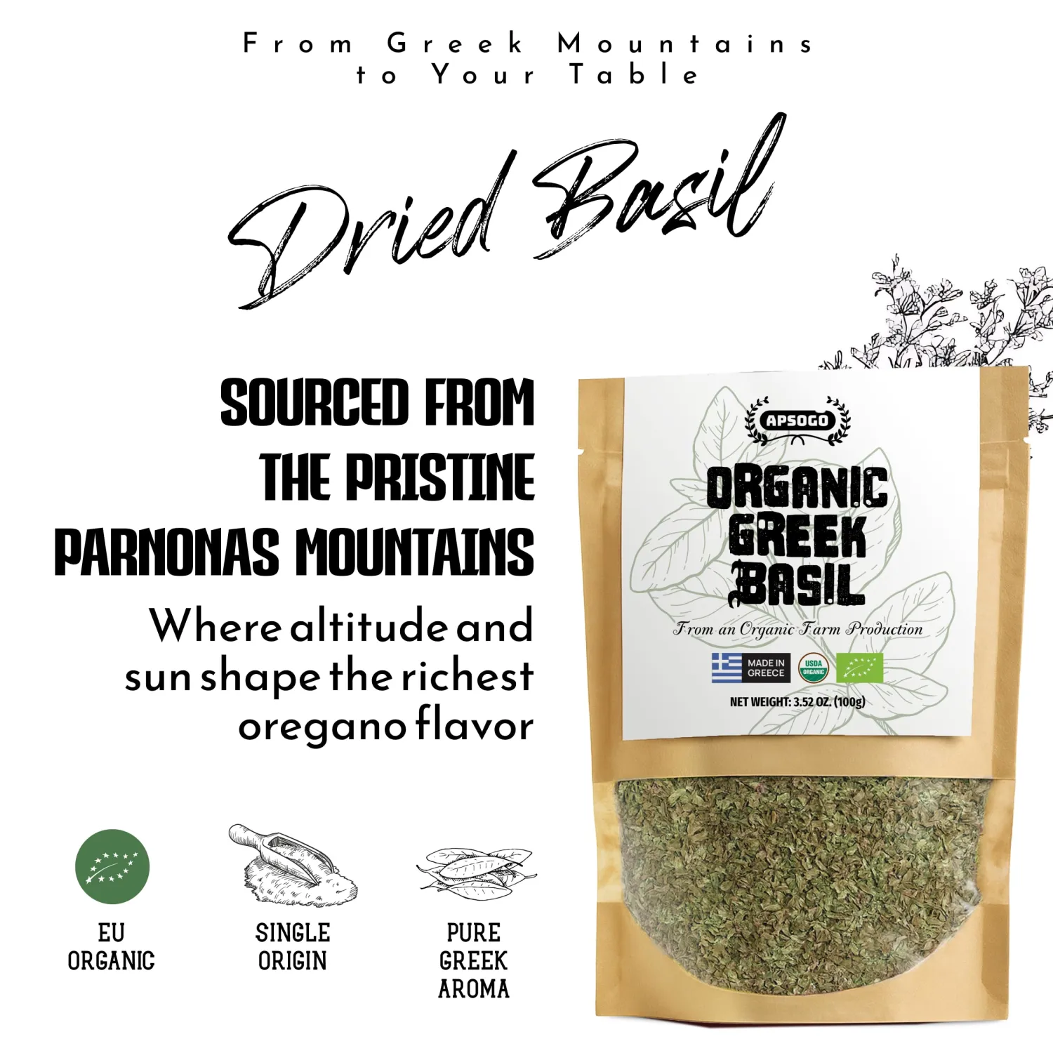 Apsogo Organic Greek Basil – Premium Dried Basil Leaves for Cooking (1.76 oz), Pure Aromatic Herb Seasoning for Pizza Sauce, Pesto & Mediterranean Dishes, Resealable Pouch