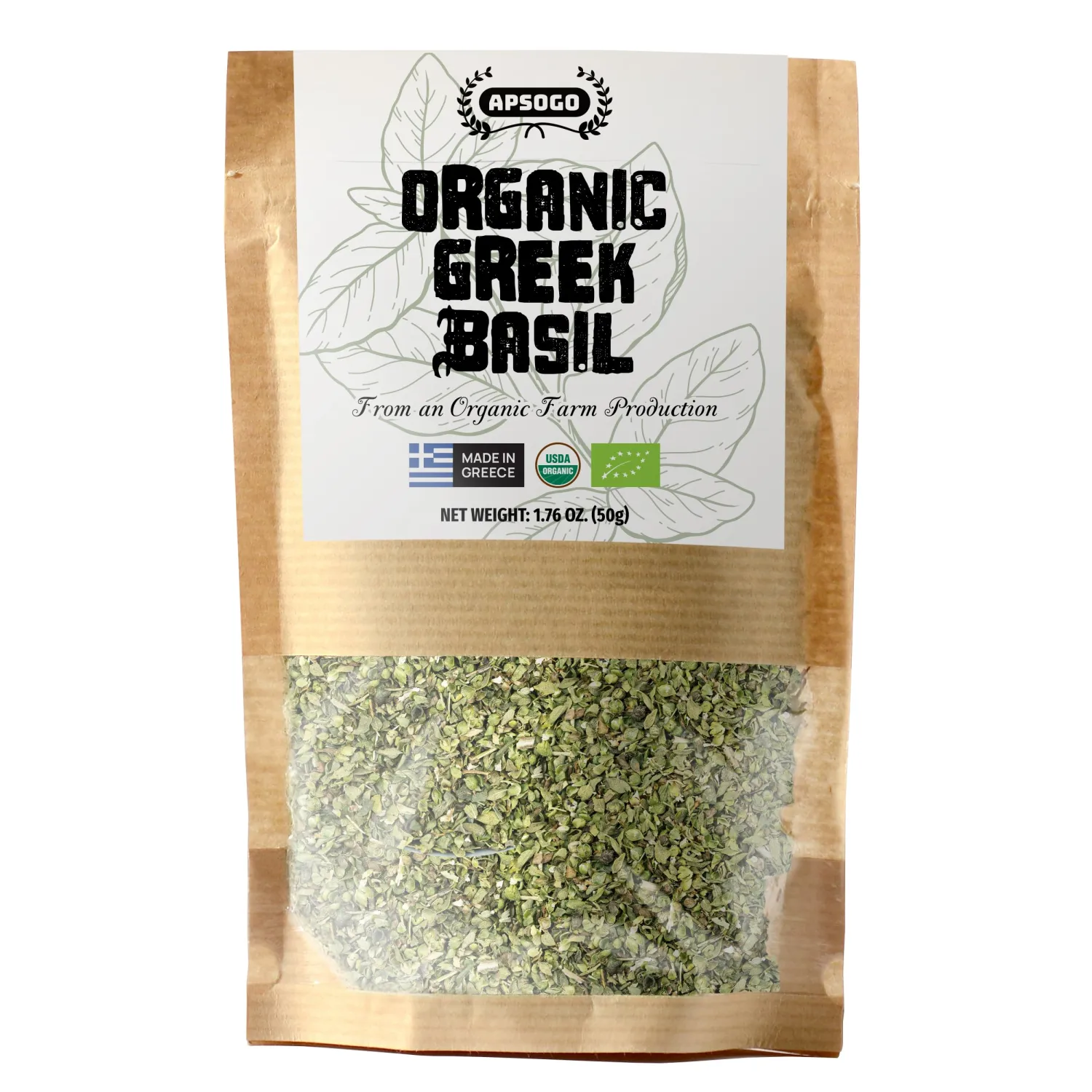 Apsogo Organic Greek Basil – Premium Dried Basil Leaves for Cooking (1.76 oz), Pure Aromatic Herb Seasoning for Pizza Sauce, Pesto & Mediterranean Dishes, Resealable Pouch