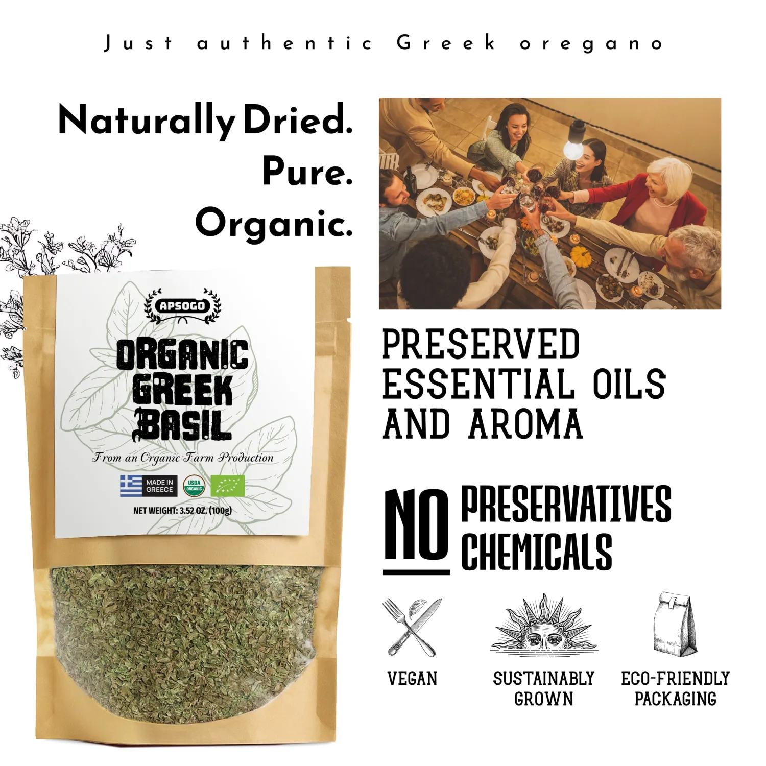 Apsogo Organic Greek Basil – Premium Dried Basil Leaves for Cooking (1.76 oz), Pure Aromatic Herb Seasoning for Pizza Sauce, Pesto & Mediterranean Dishes, Resealable Pouch