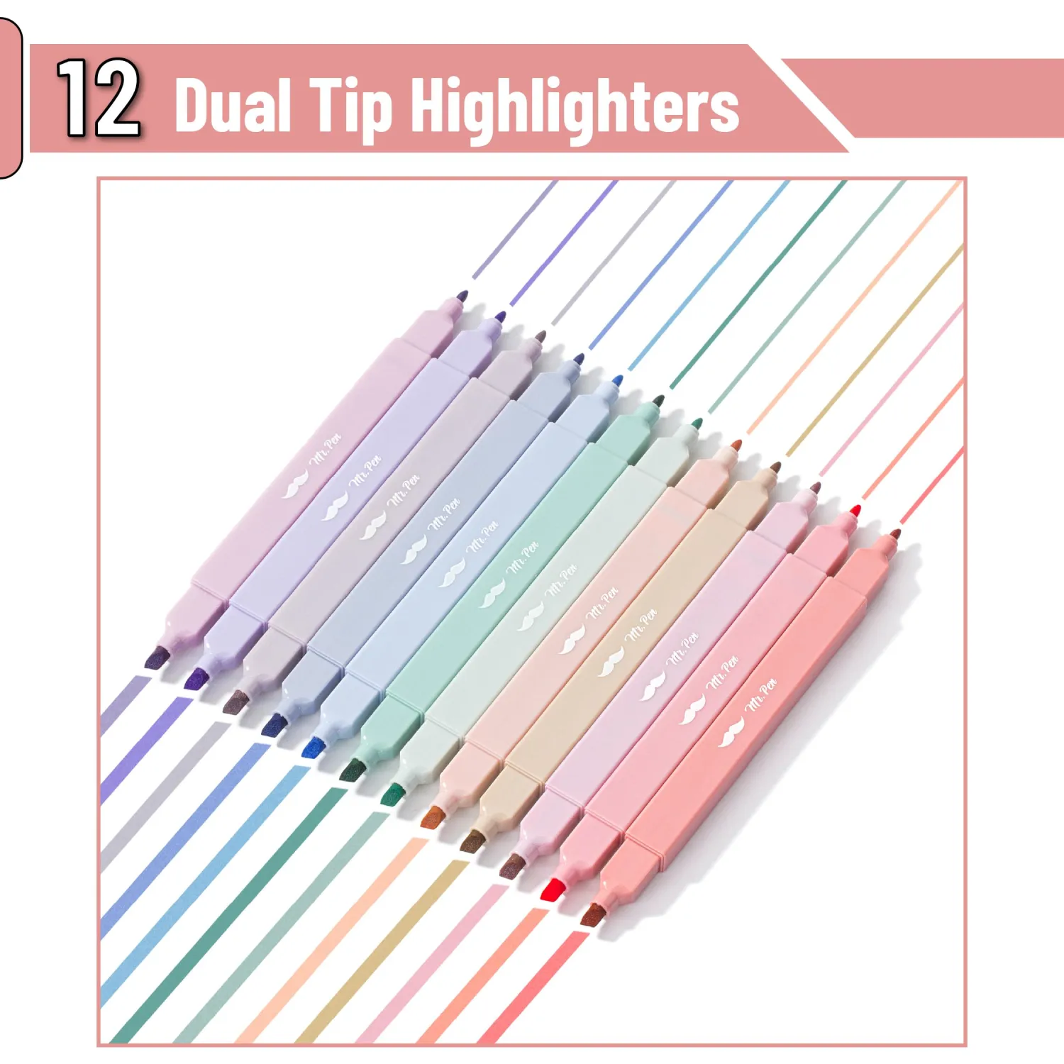 Mr. Pen- Dual Tip Aesthetic Highlighters, 12 pcs, Chisel & Fine Tip, Cute Highlighters Assorted Colors for Journaling, Highlighting, Underlining, Fast Dry, Back to School Supplies