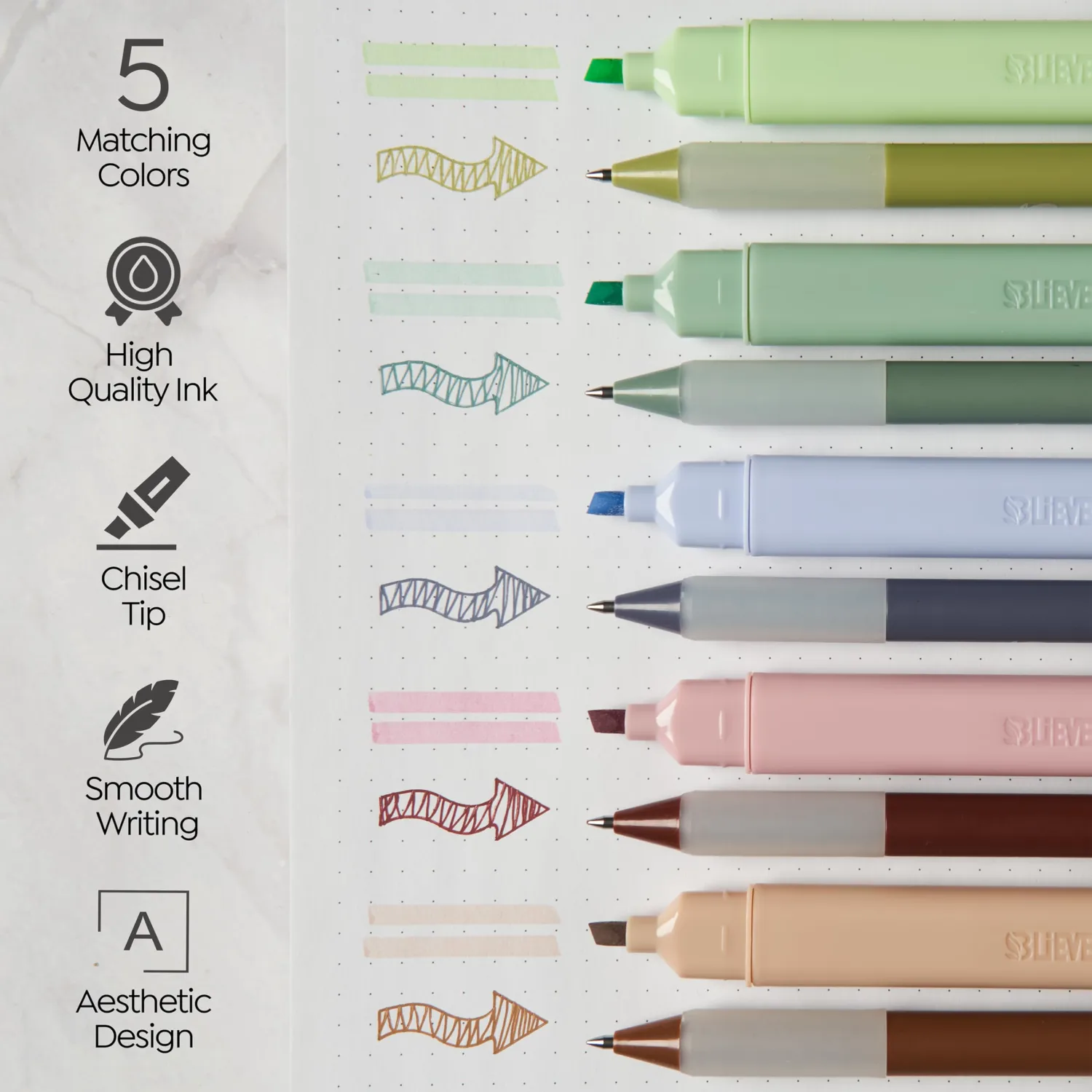 BLIEVE - Aesthetic Highlighters and Gel Pens With Soft Ink and Chisel Tip, Bible Highlighters and Pens No Bleed, Dry Fast Easy to Hold, for Bible Journaling Planner School Supplies (EARTHY)