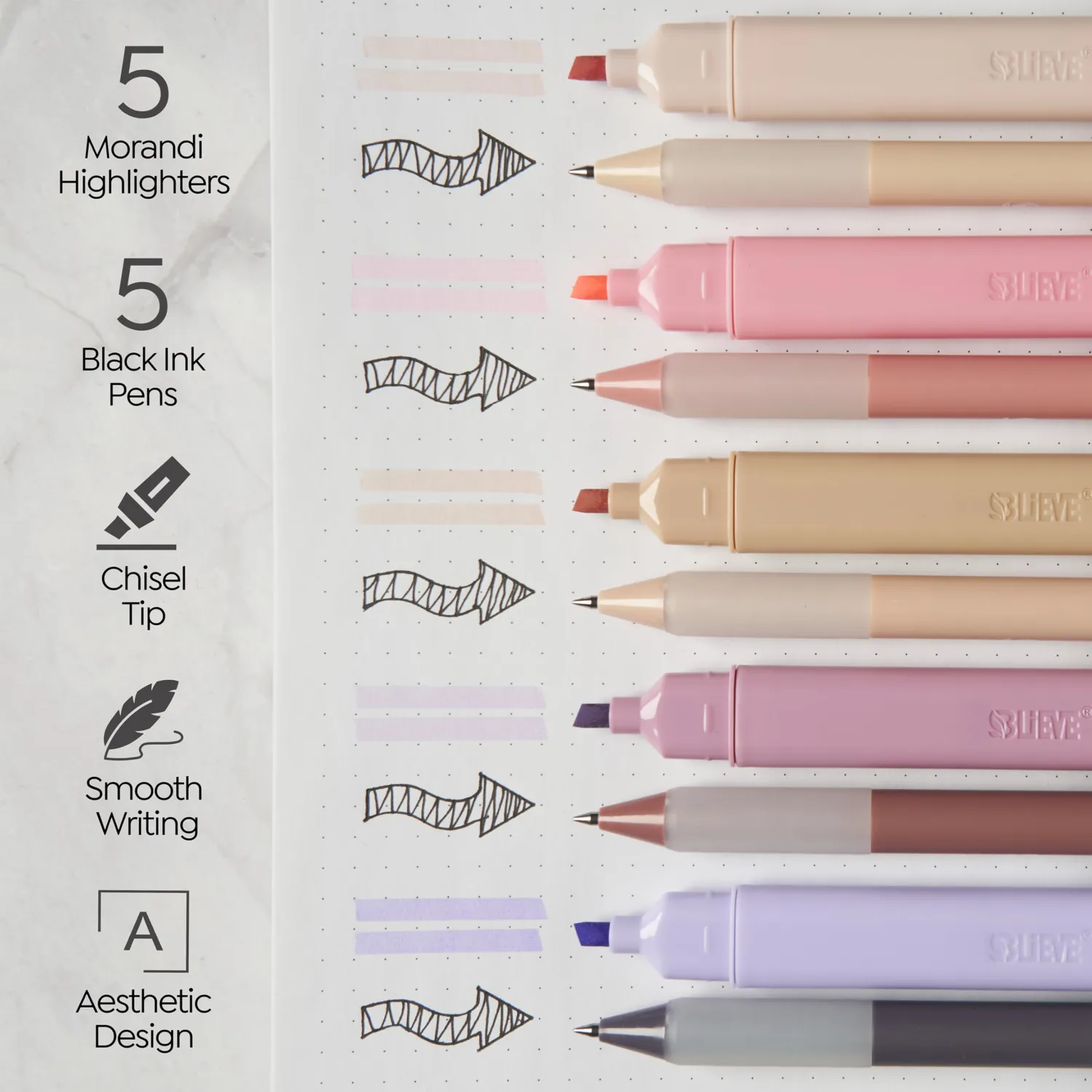 BLIEVE - Aesthetic Highlighters and Gel Pens With Soft Ink and Chisel Tip, Bible Highlighters and Pens No Bleed, Dry Fast Easy to Hold, for Bible Journaling Planner School Supplies (MORANDI)